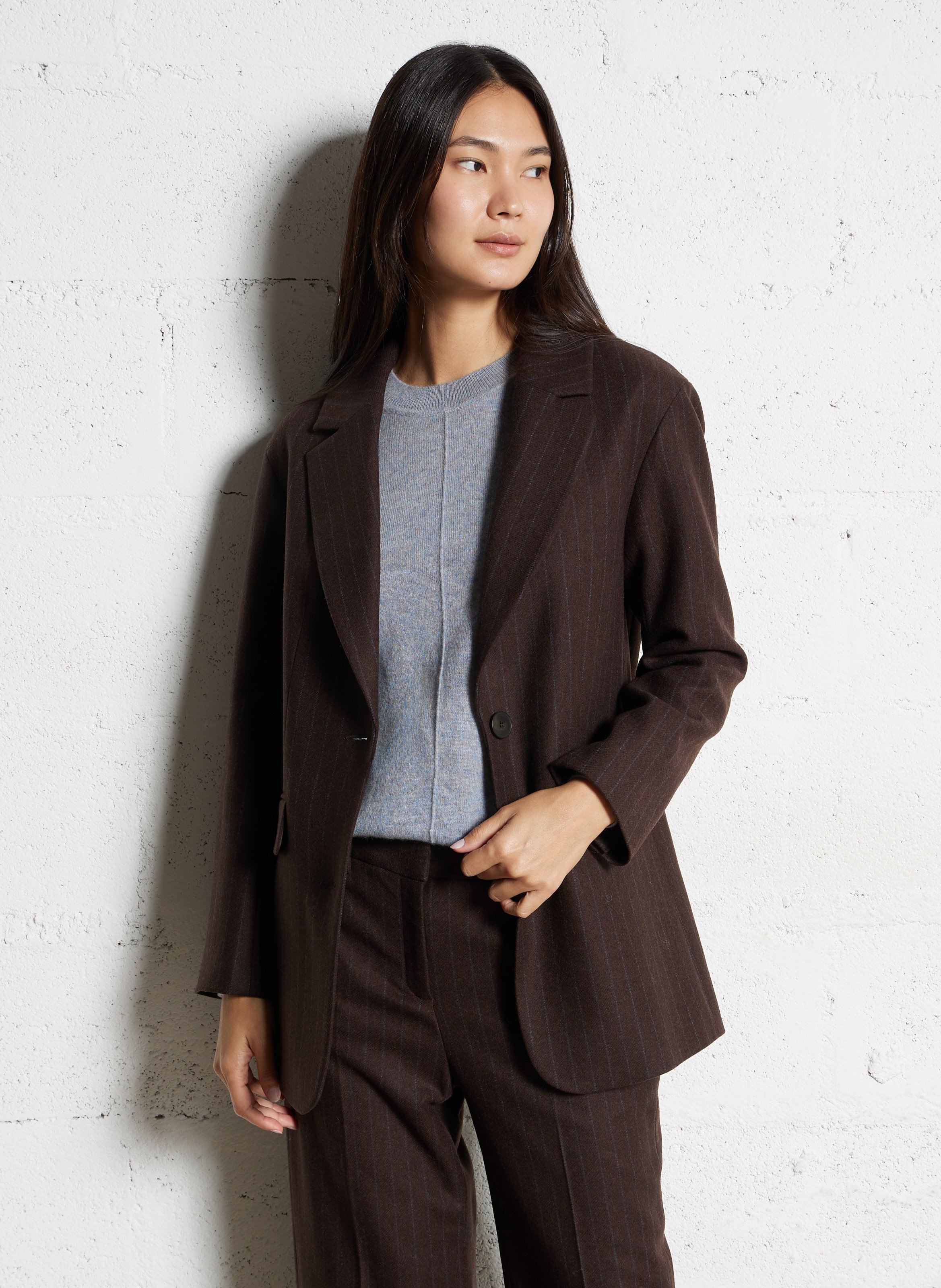 Straight tailored wool blend striped blazer MAISON 123 Brown