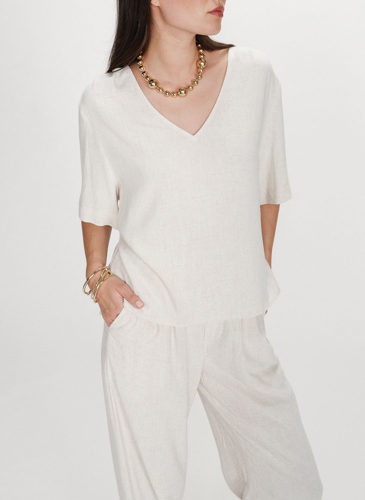 Top droit col V GRACE ET MILA Beige