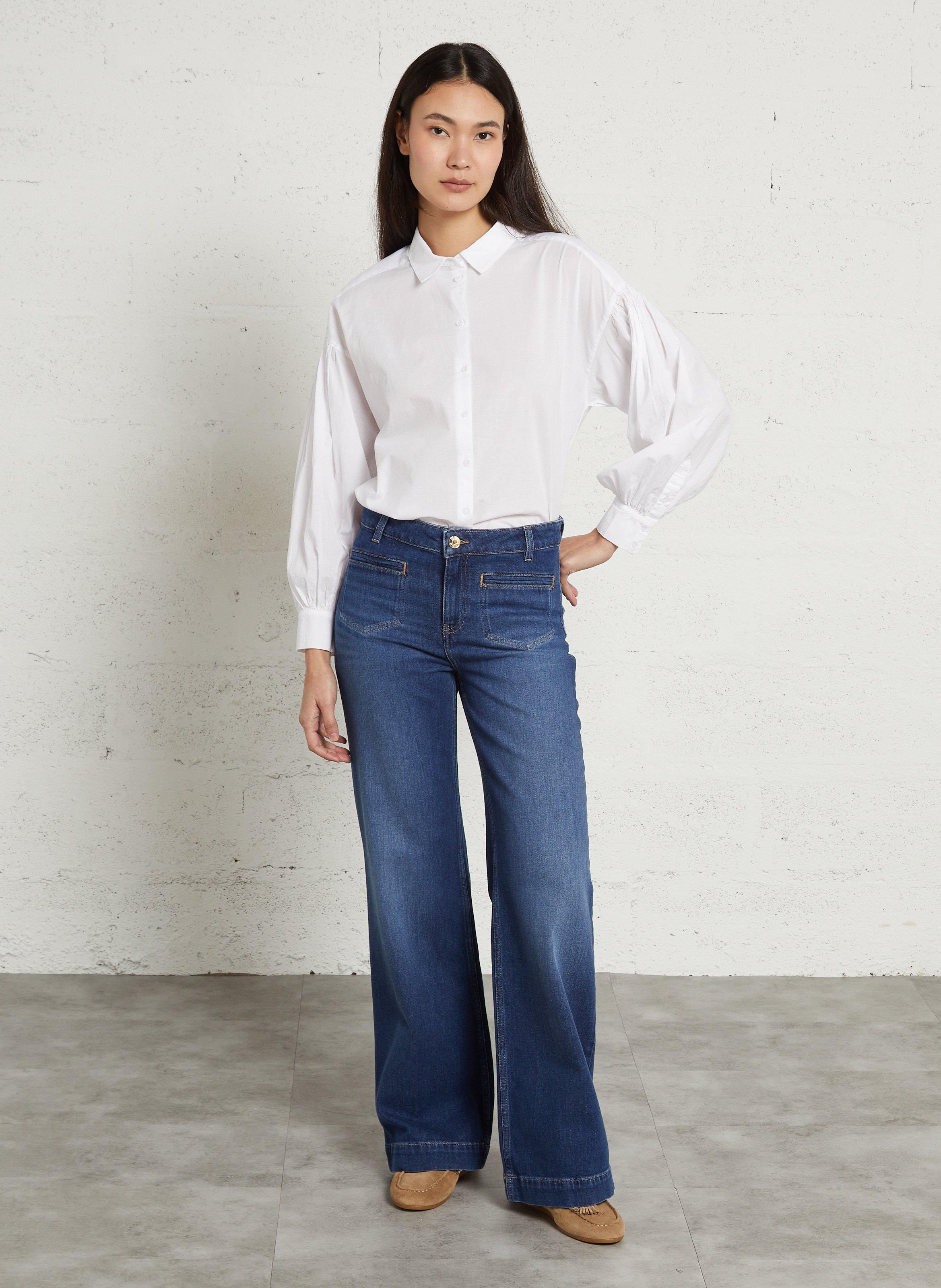 Weit geschnittene Baumwollbluse mit klassischem Kragen SUD EXPRESS Weiss