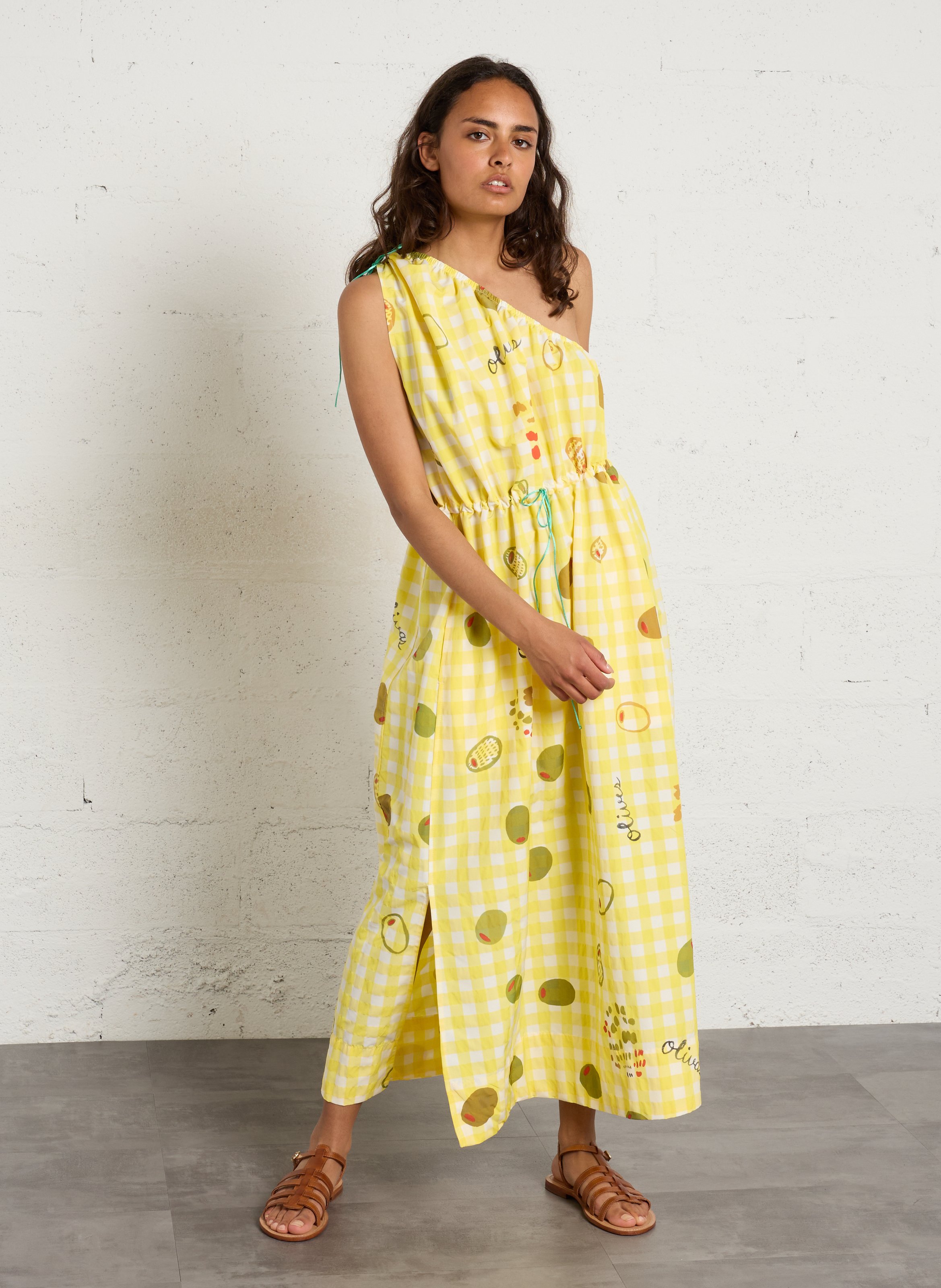 Langes Kleid mit asymmetrischem Ausschnitt und Print DR BLOOM