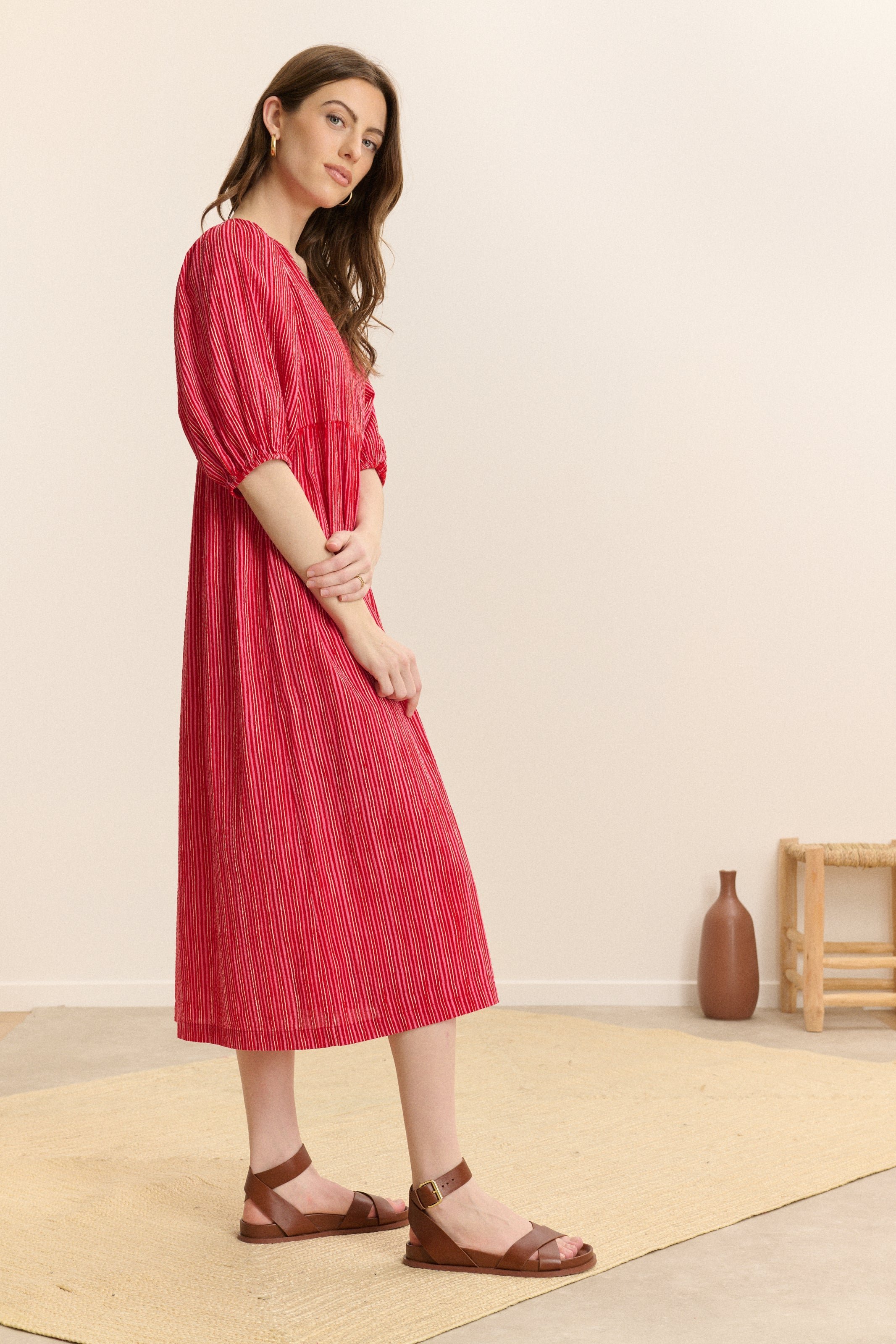 Robe midi à rayures manches 3/4 GARANCE PARIS Rose