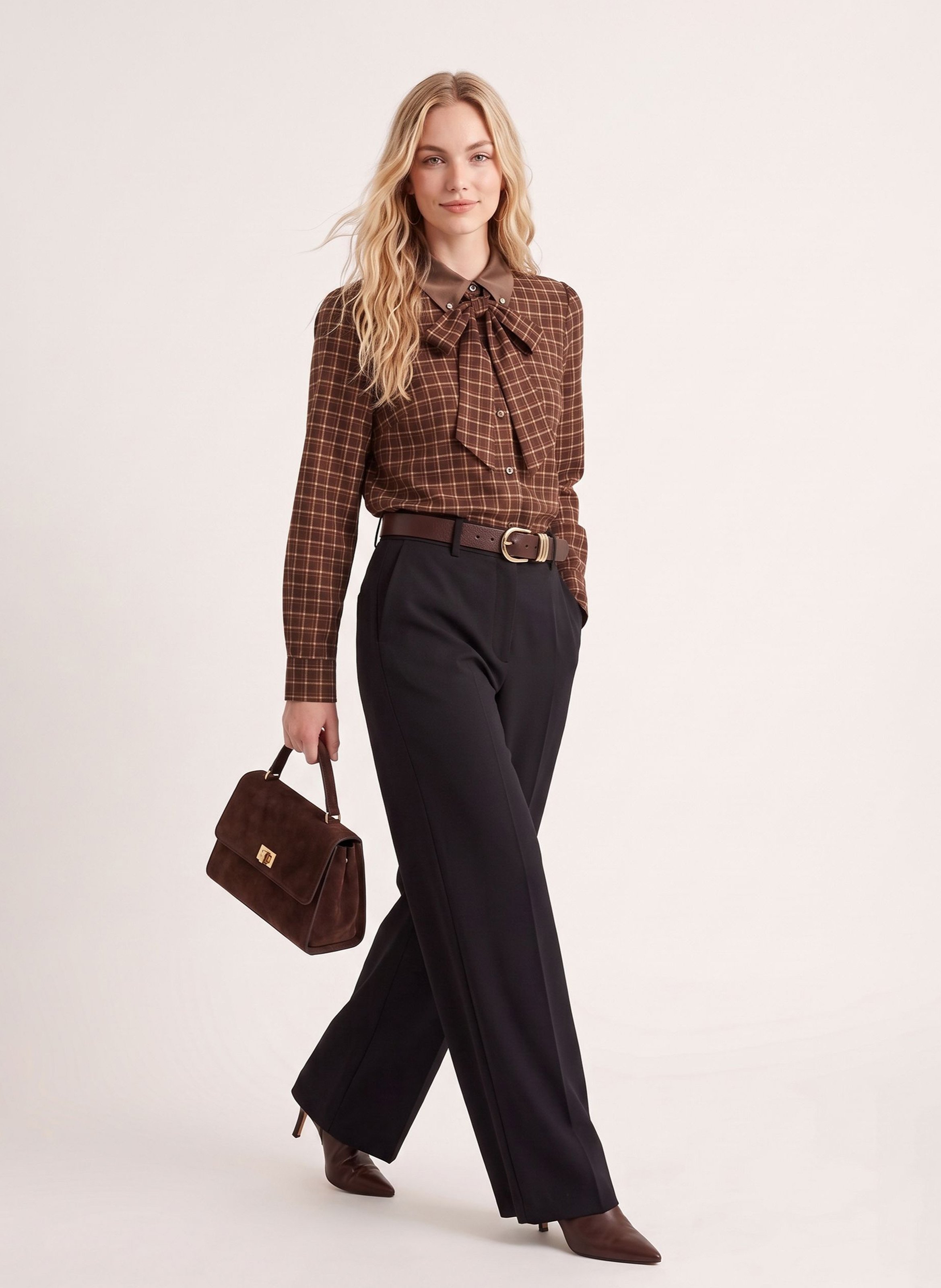 Loose-fit checked blouse with a pussy-bow neckline KOOKAI Brown