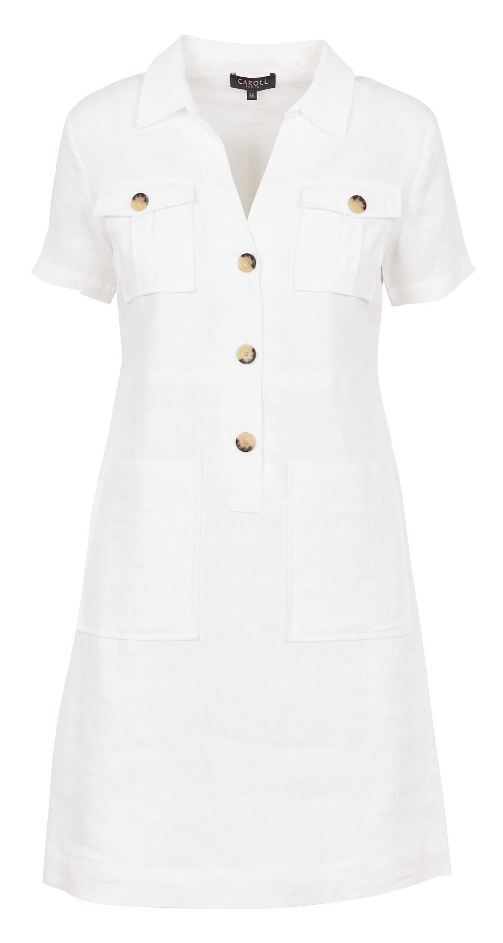 Short open-neck linen dress CAROLL White