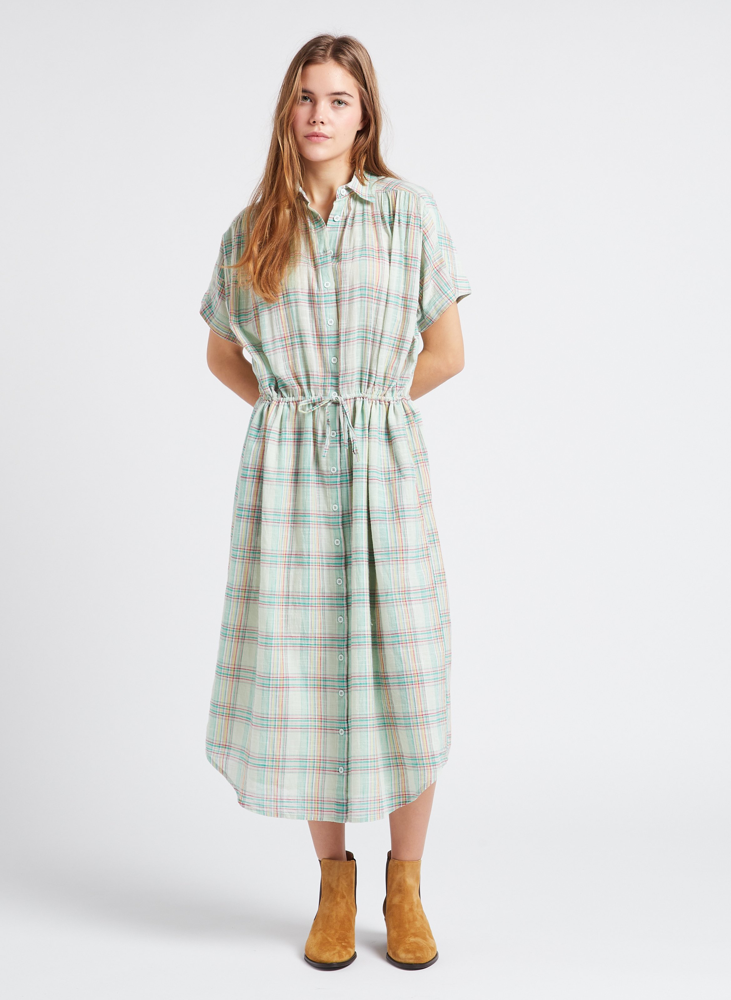 Loose-fit checked cotton midi dress with classic collar SWILDENS Blue
