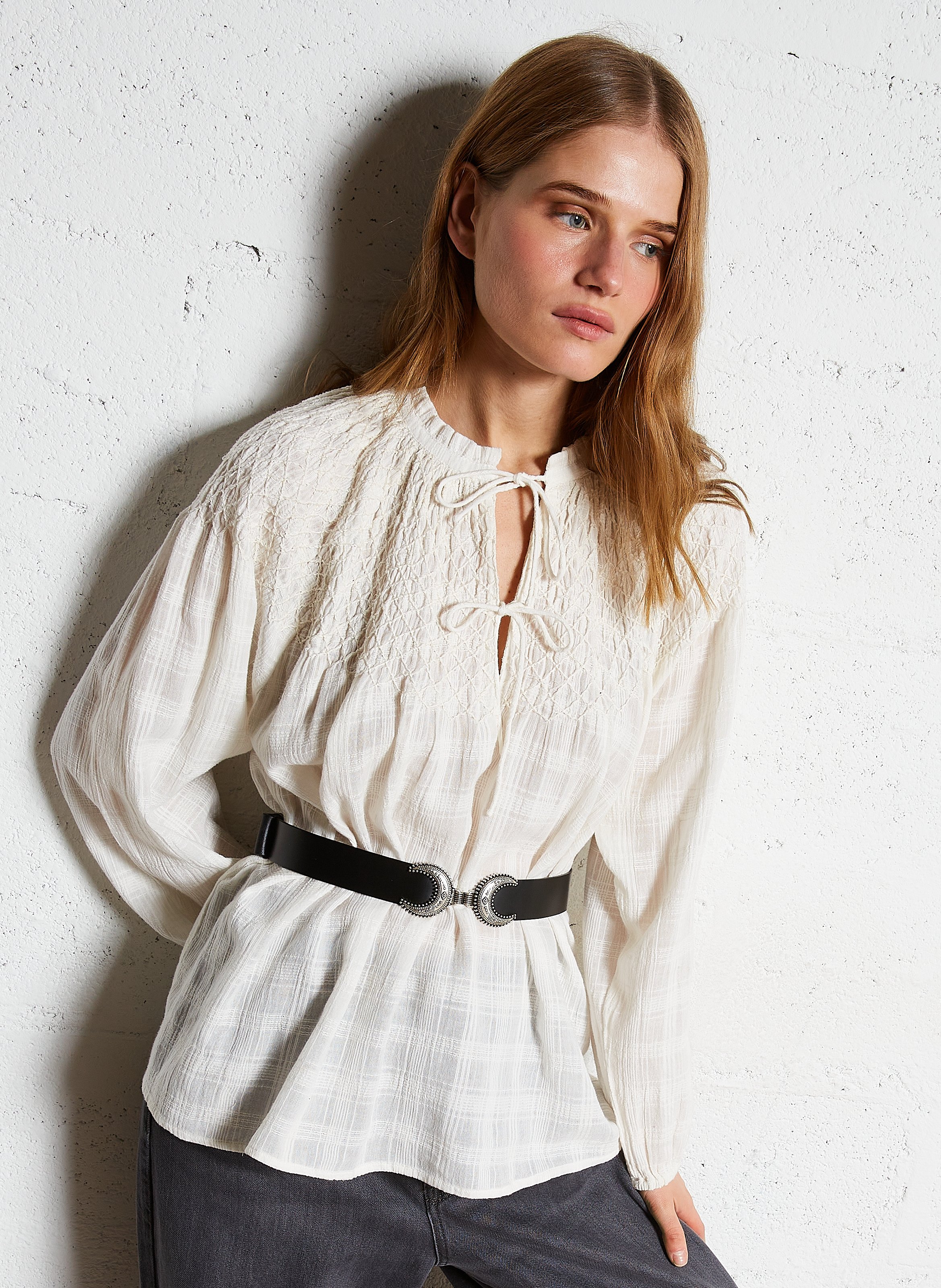 Embroidered blouse with a tie at the neck LOUISE MISHA Beige