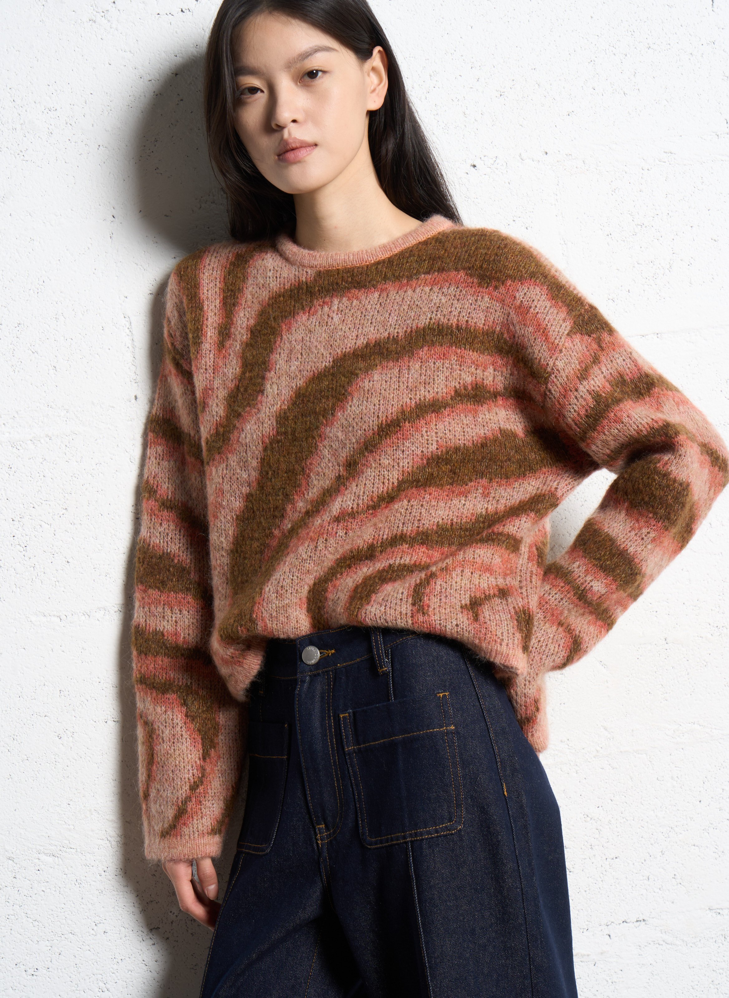 Pull droit col rond jacquard en maille mélangée SUNCOO Rose