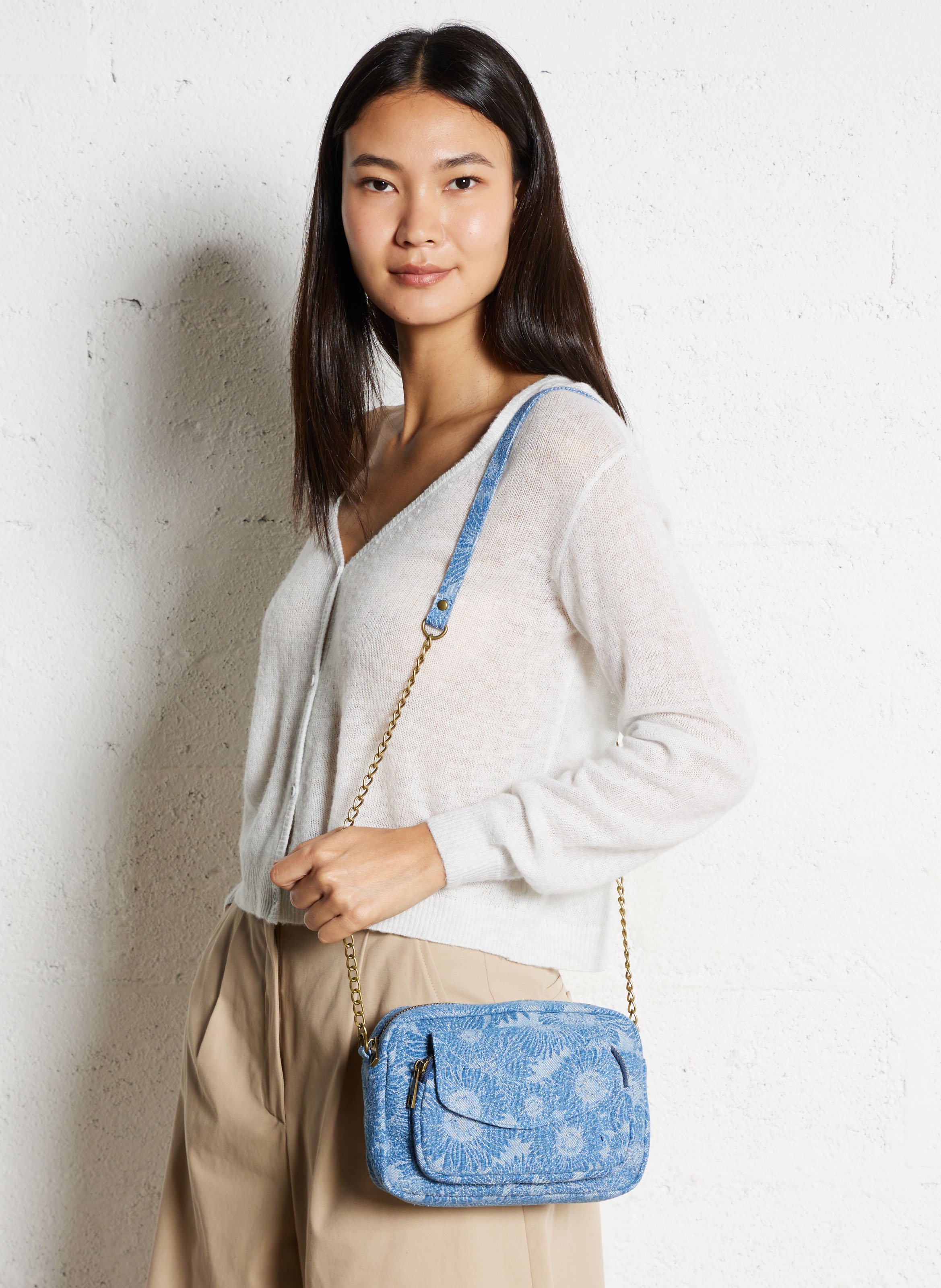 Cotton-blend denim shoulder bag PIECES Blue