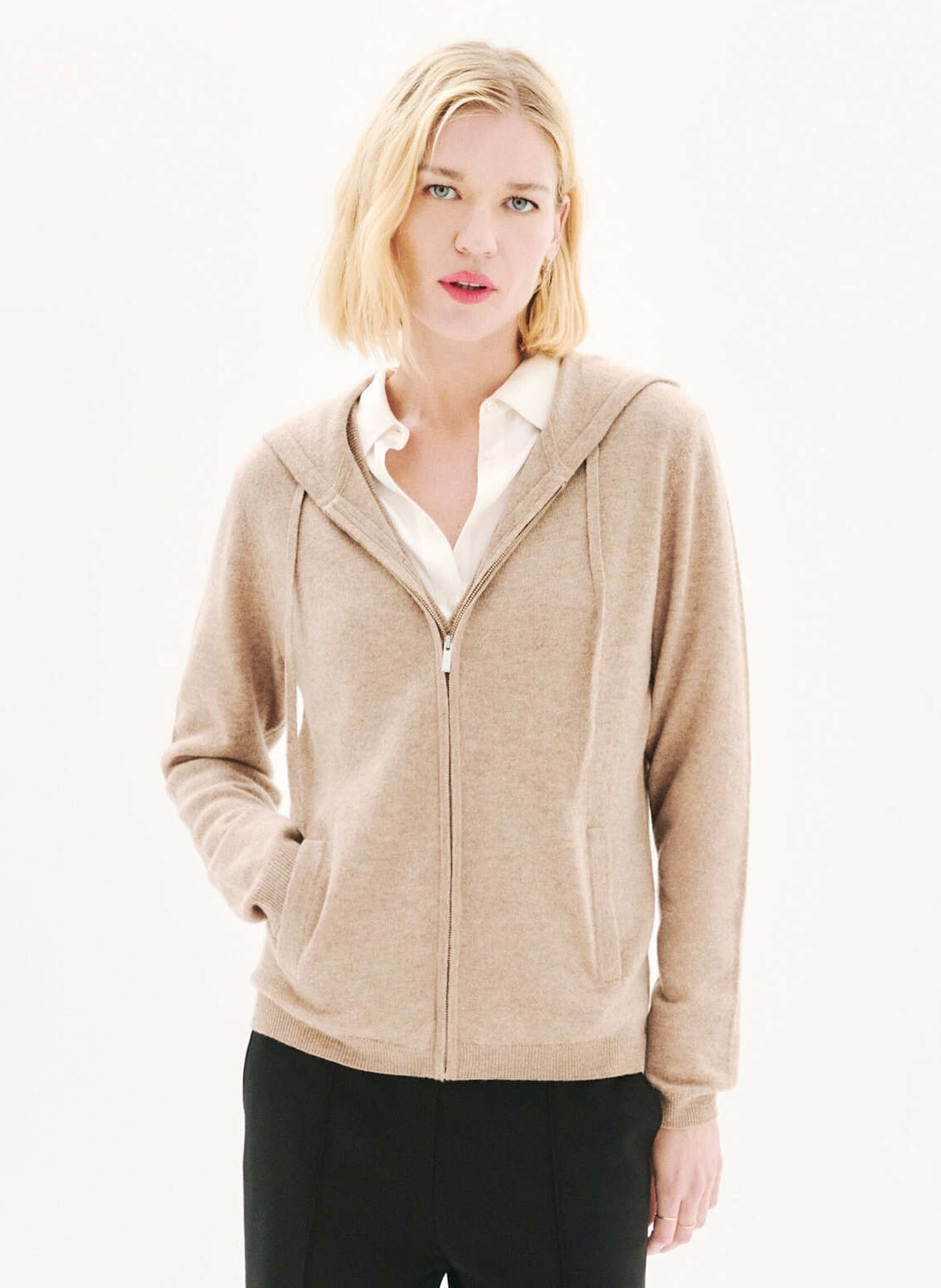 Straight wool and cashmere hooded cardigan CAROLL