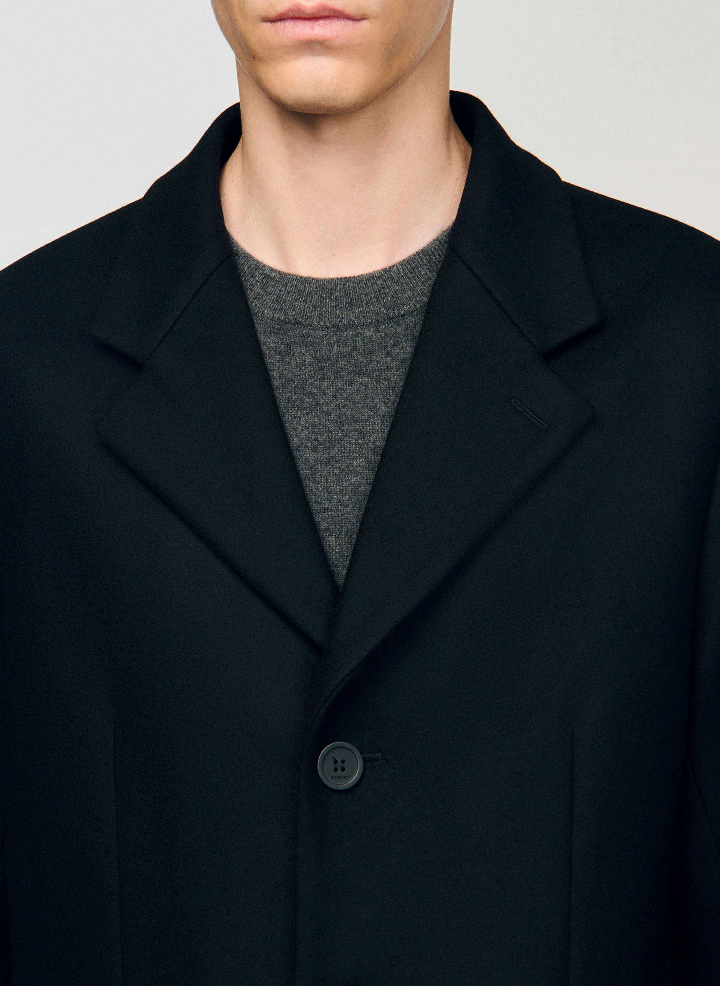 Manteau droit en laine mélangée Noir Sandro Homme Place des