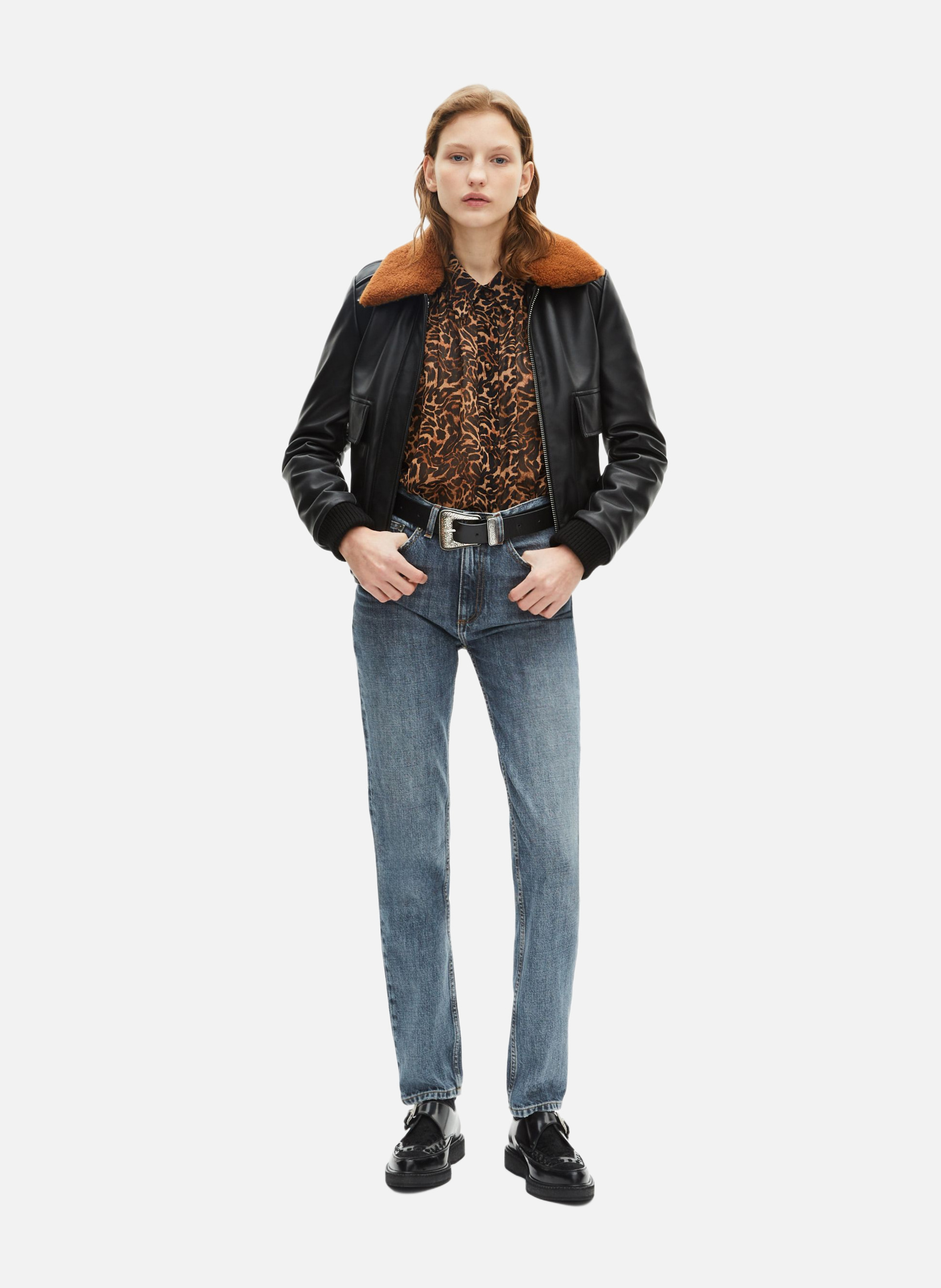 Leather jacket with sherpa collar THE KOOPLES Black