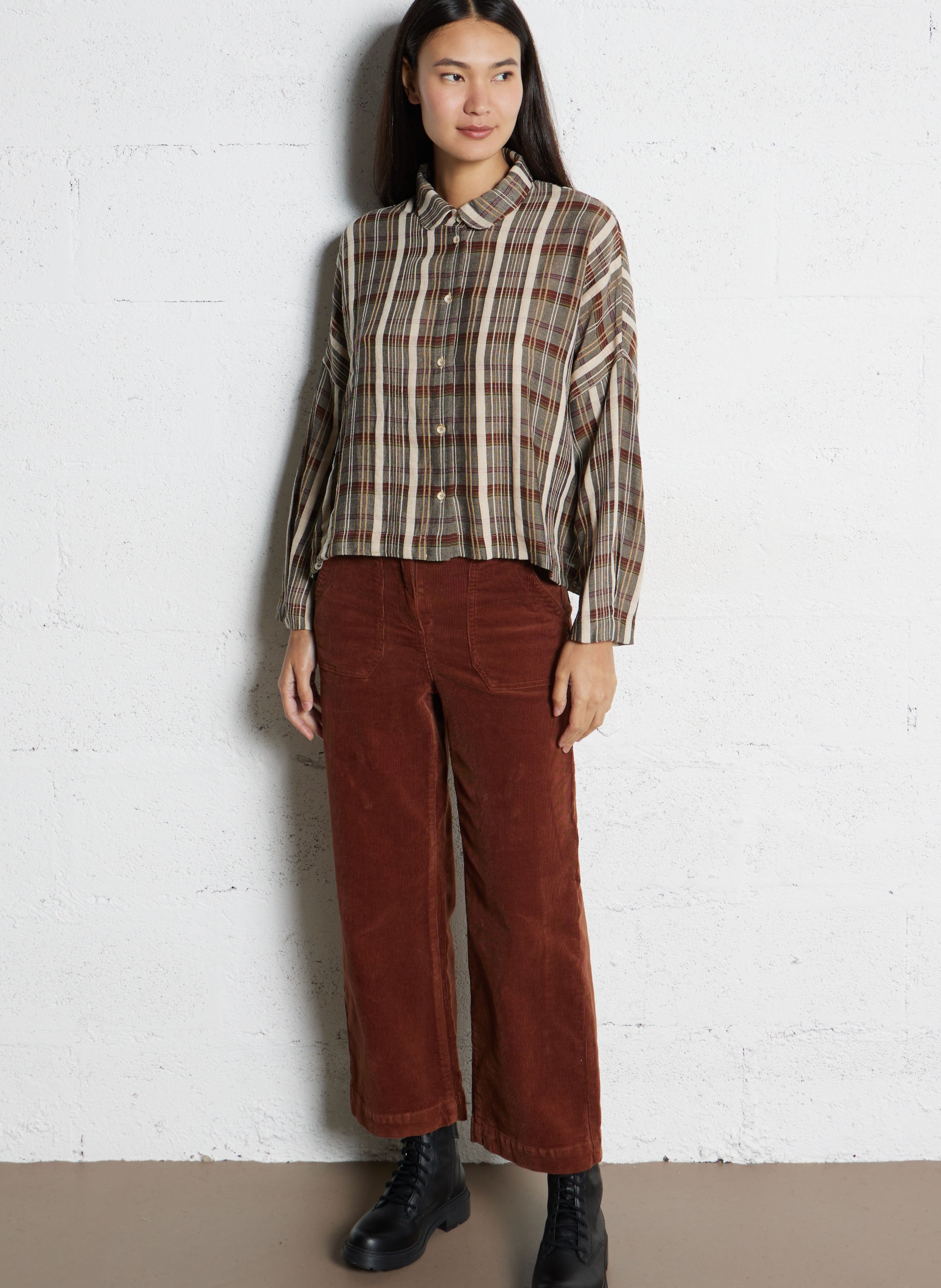 Chemise courte fluide à carreaux TINSELS Beige