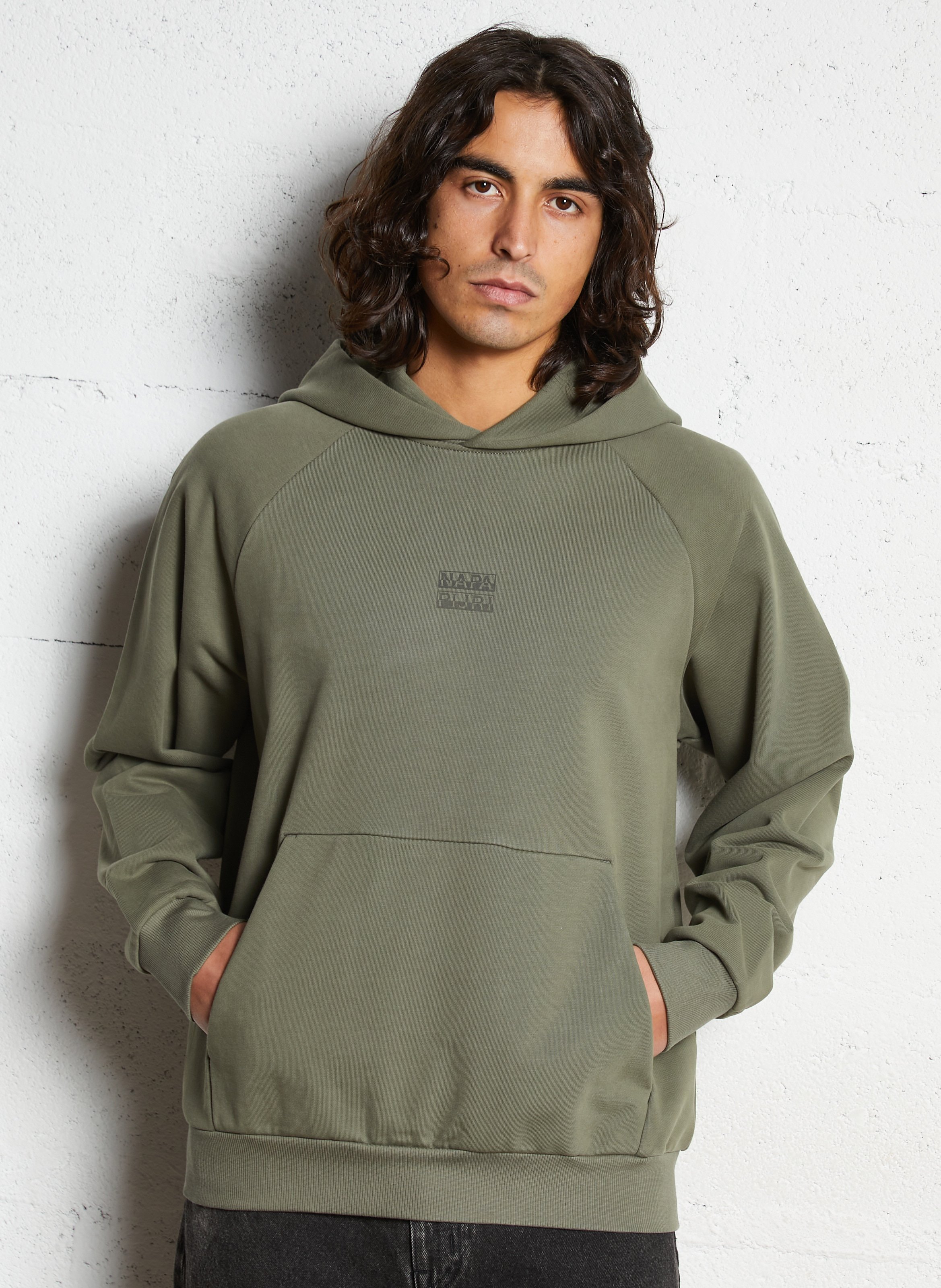 Sweat à capuche droit sérigraphié en coton NAPAPIJRI Vert