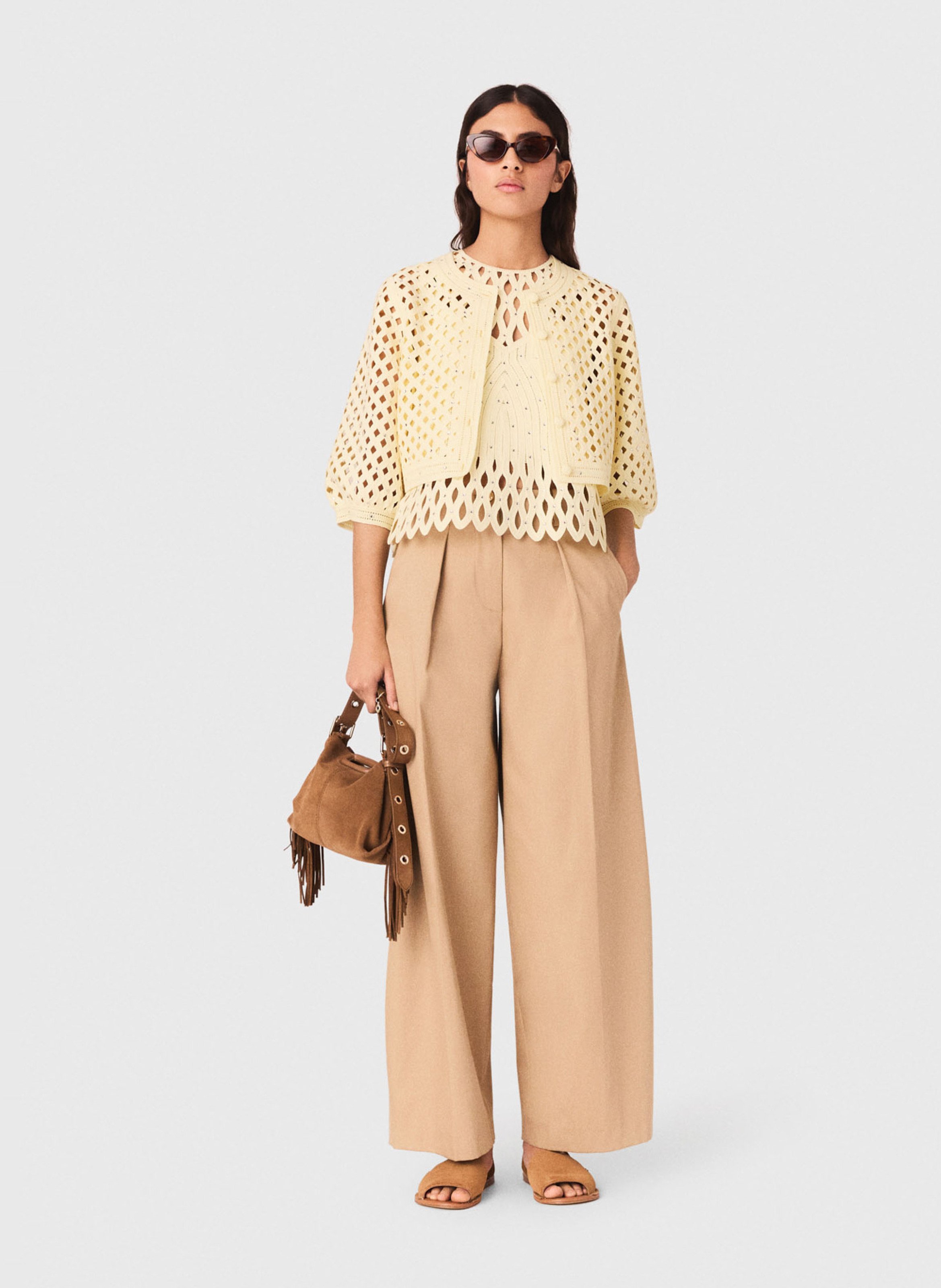 Gilet droit col rond en maille ajourée MAJE Jaune