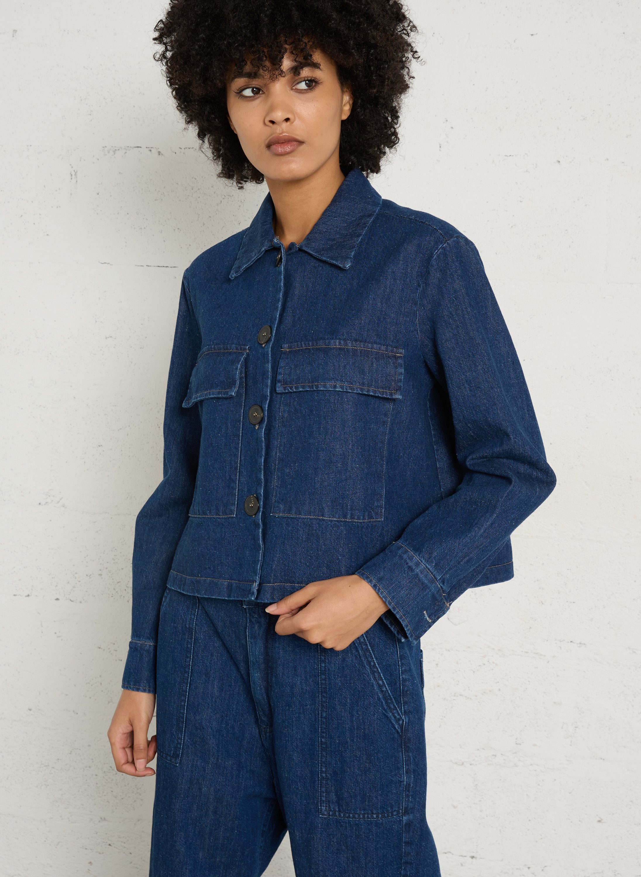 Straight cotton jacket with classic collar PLEASE Blue