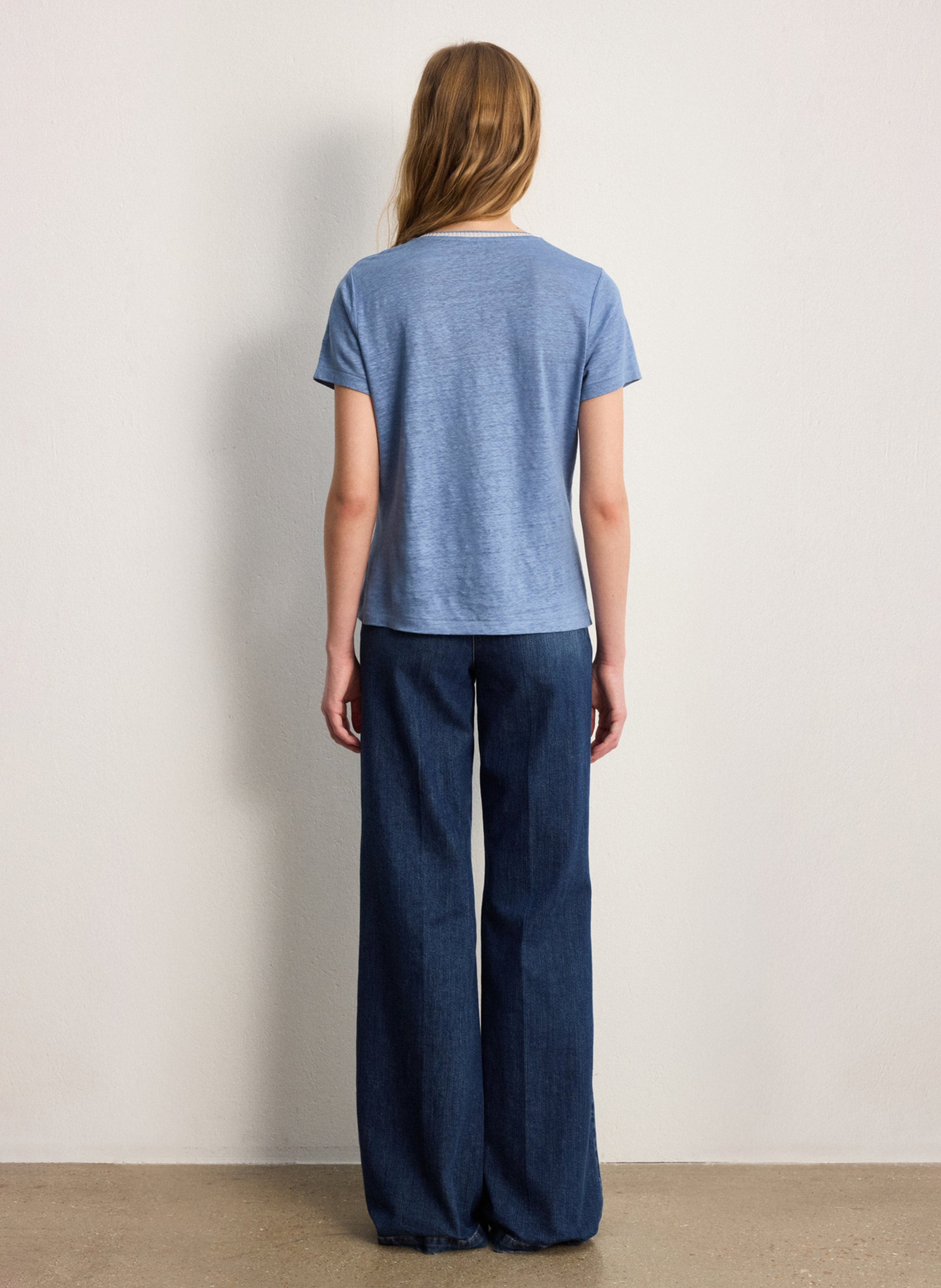 Tee-shirt droit col V en lin PABLO Bleu