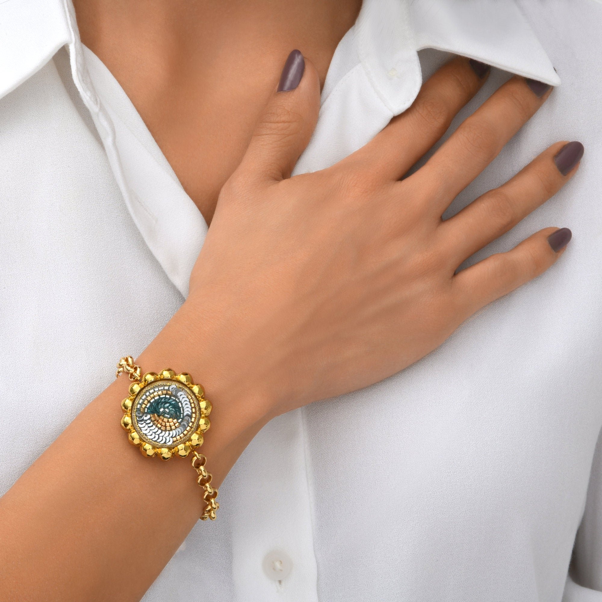 Bracelet chaîne angèle rond brodé SATELLITE PARIS Vert