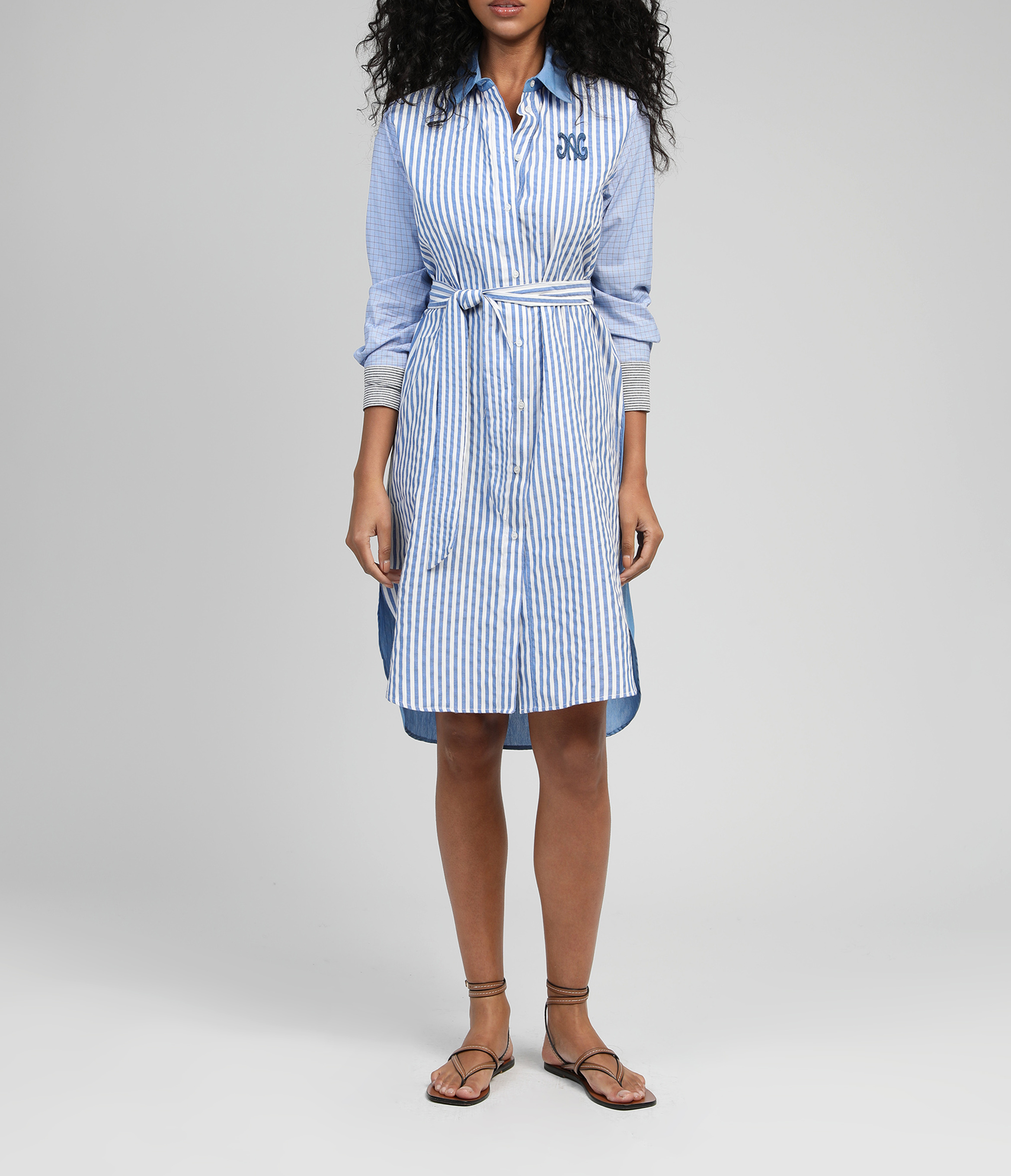 Striped midi shirt dress with belt AN'GE Blue