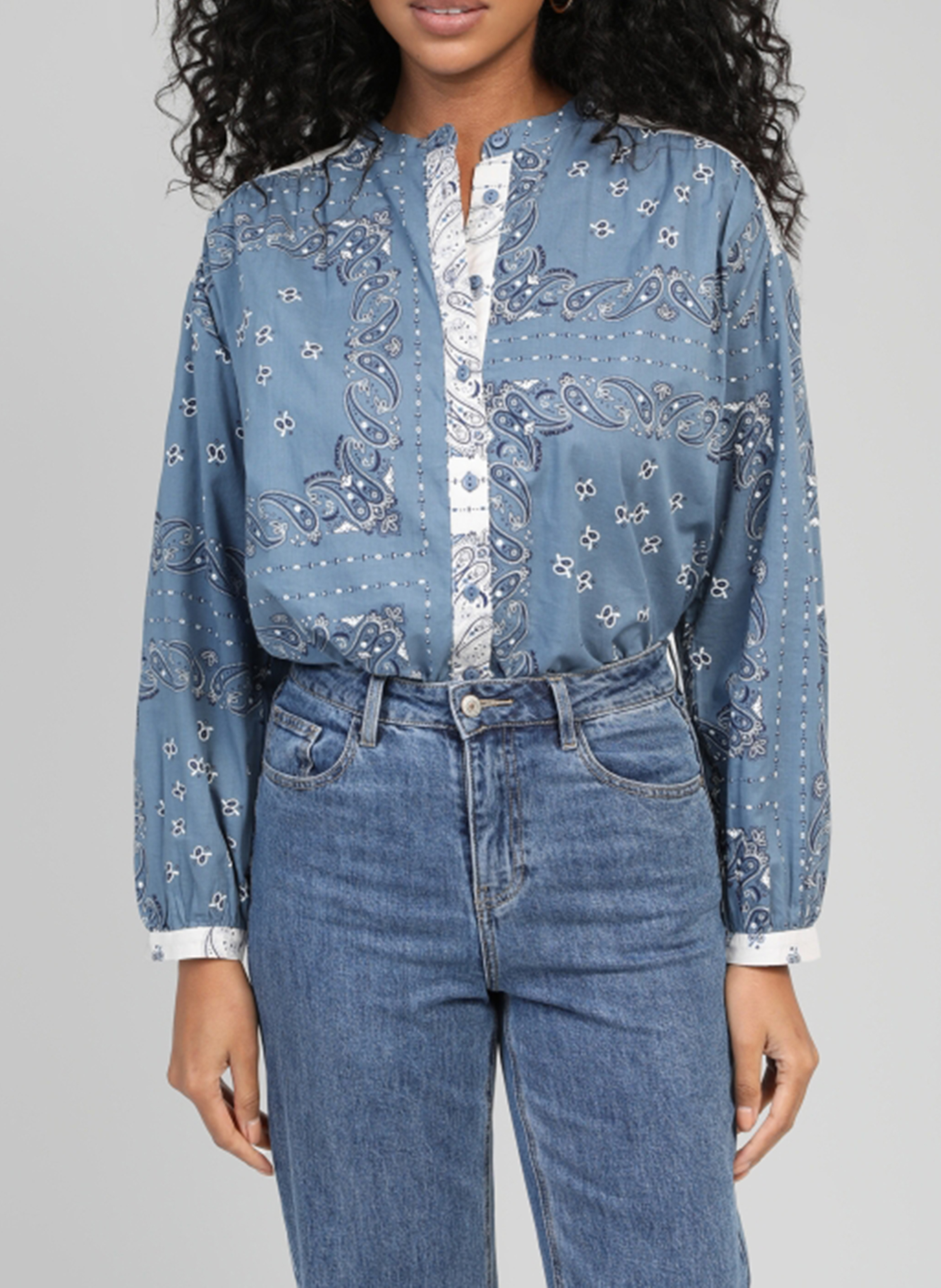 Baumwollbluse mit Rundhalsausschnitt und Print AN'GE Blau