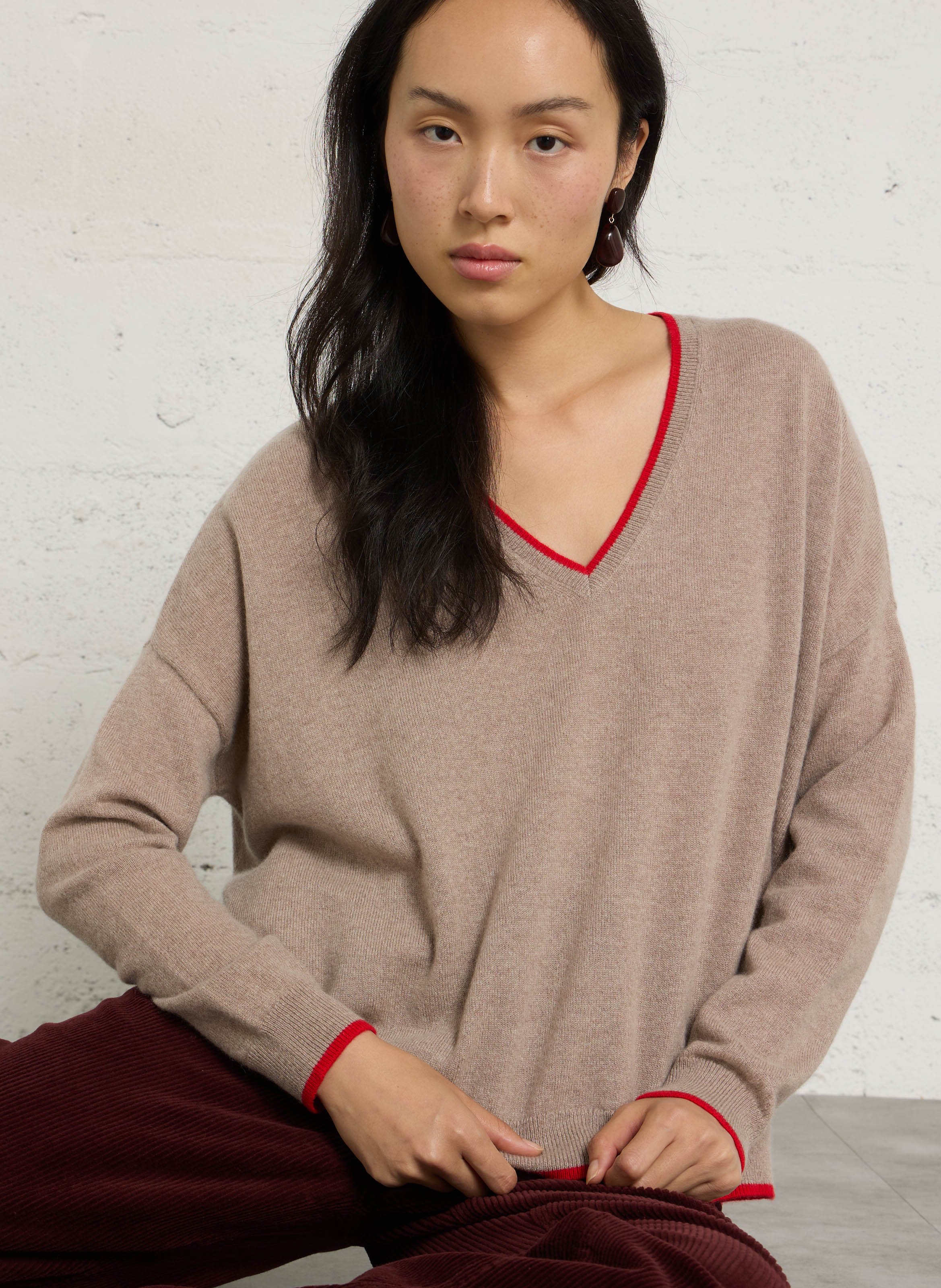 Pull ample col V en cachemire SUD EXPRESS Beige