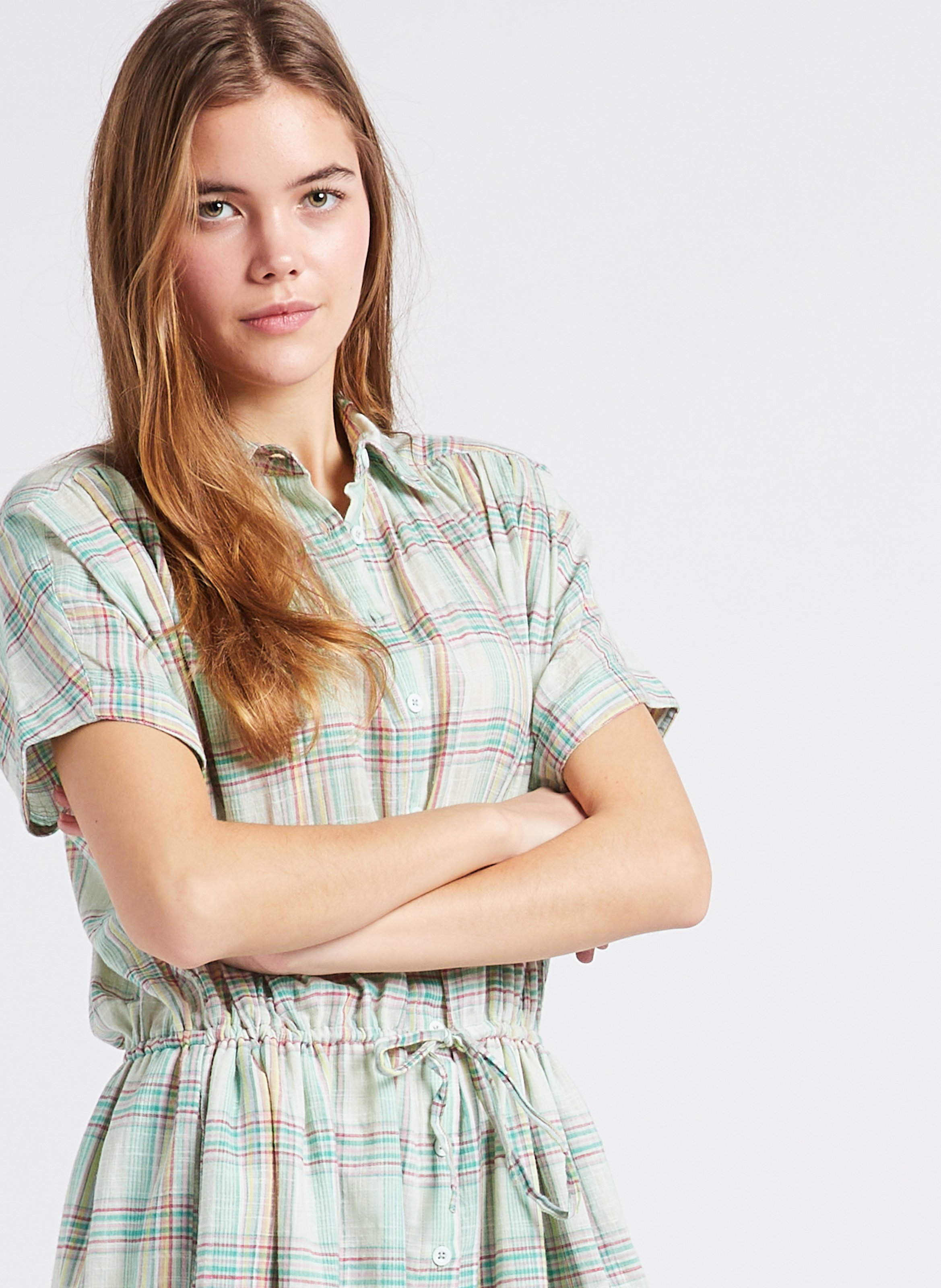 Loose-fit checked cotton midi dress with classic collar SWILDENS Blue