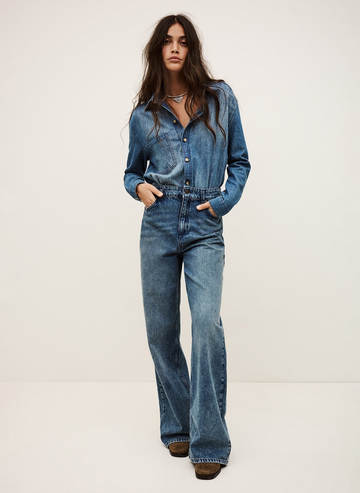 Combinaison col classique en denim de coton BA&SH Bleu