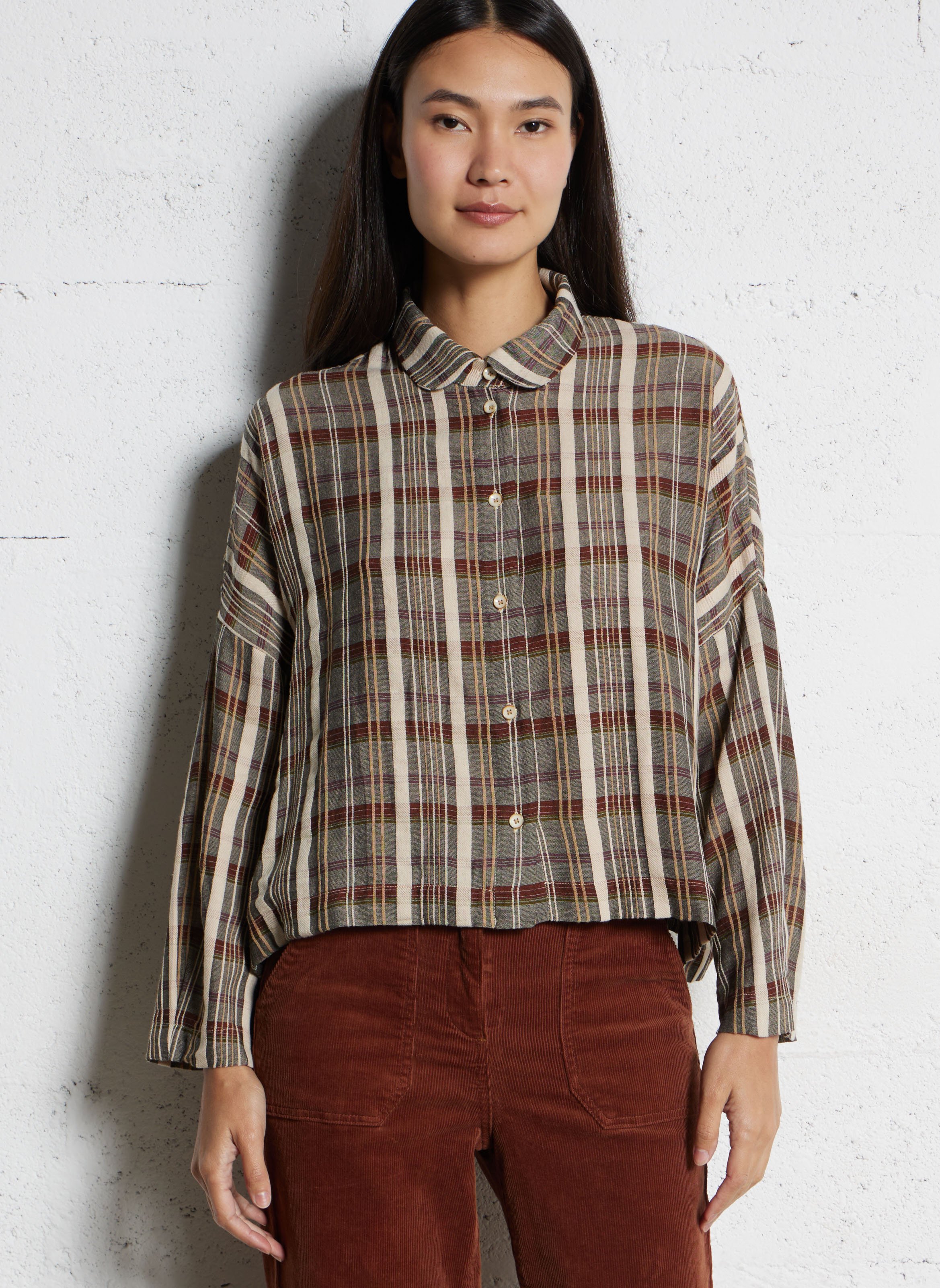 Chemise courte fluide à carreaux TINSELS Beige