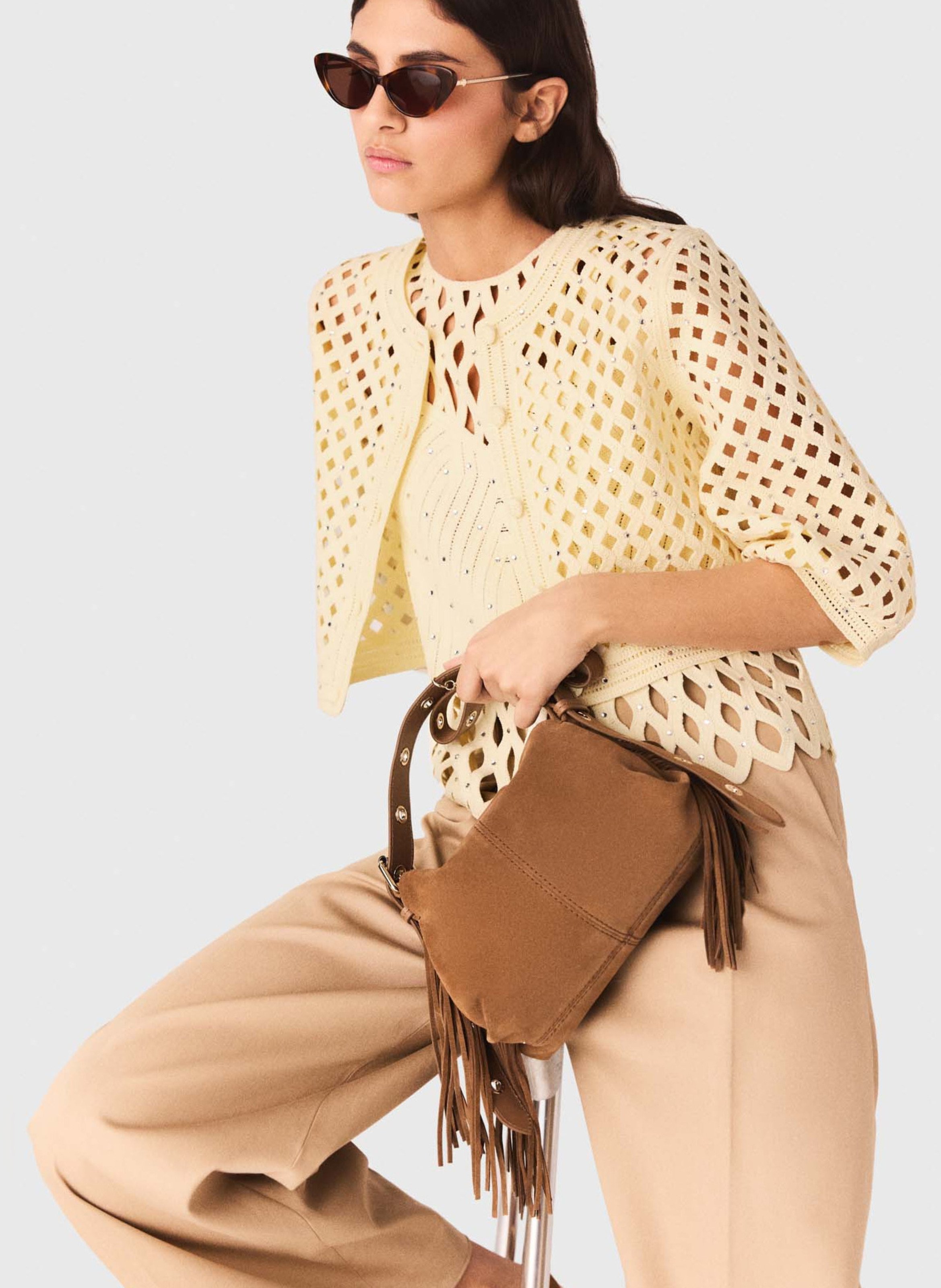 Gilet droit col rond en maille ajourée MAJE Jaune