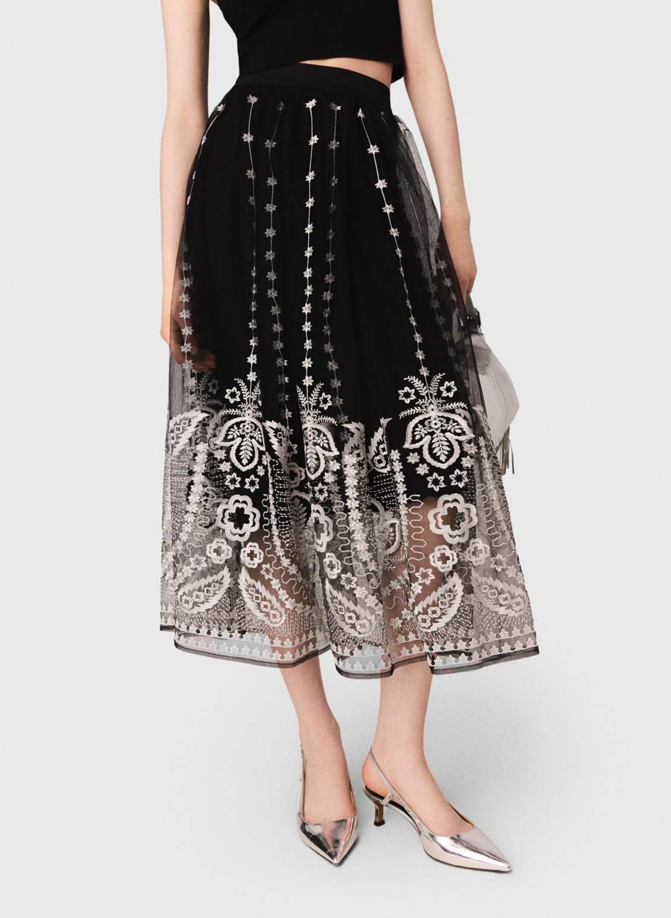 Embroidered tulle midi skirt MAJE Black