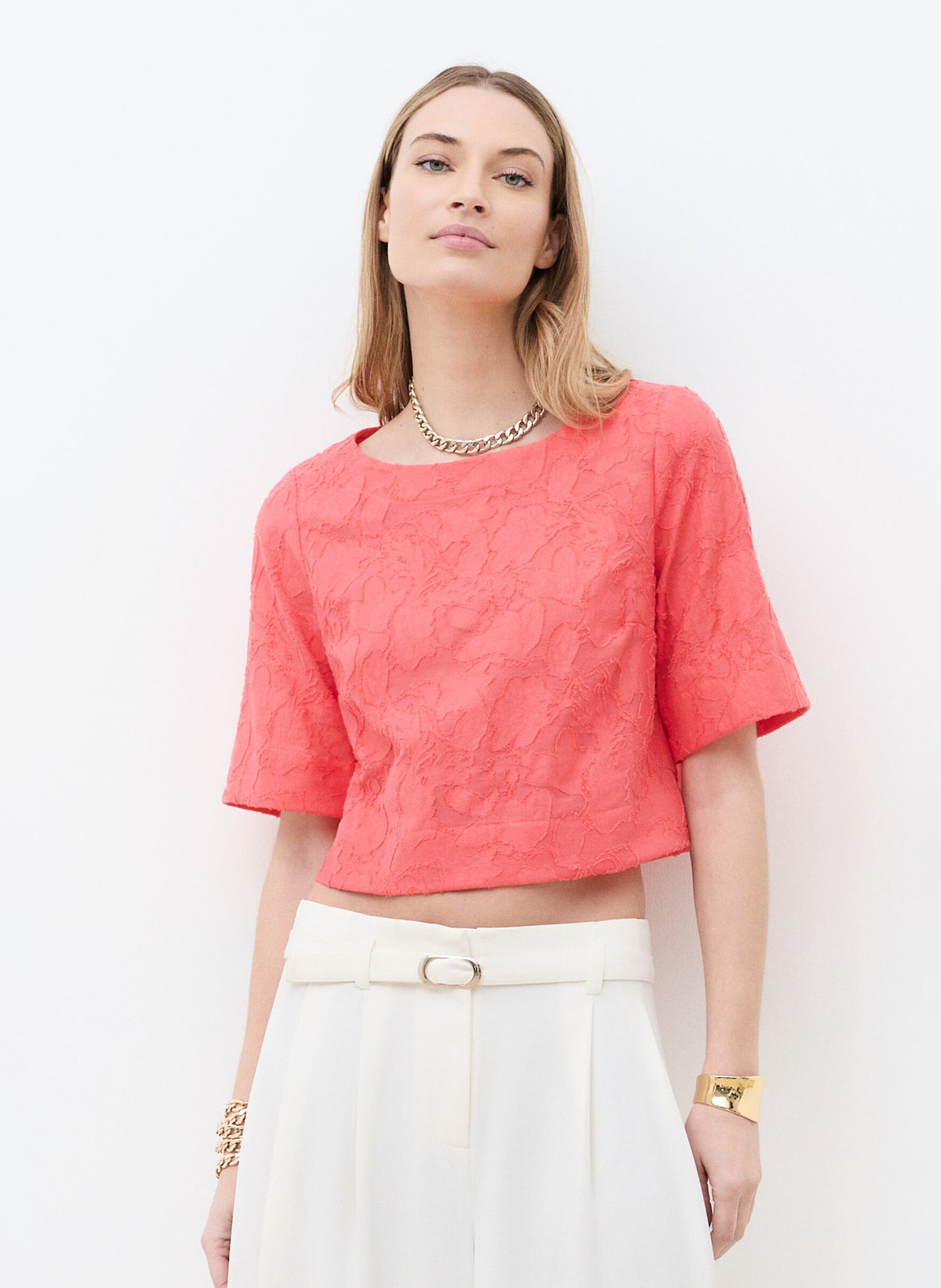 Tee-shirt col bateau en coton mélangé CAROLL Rose