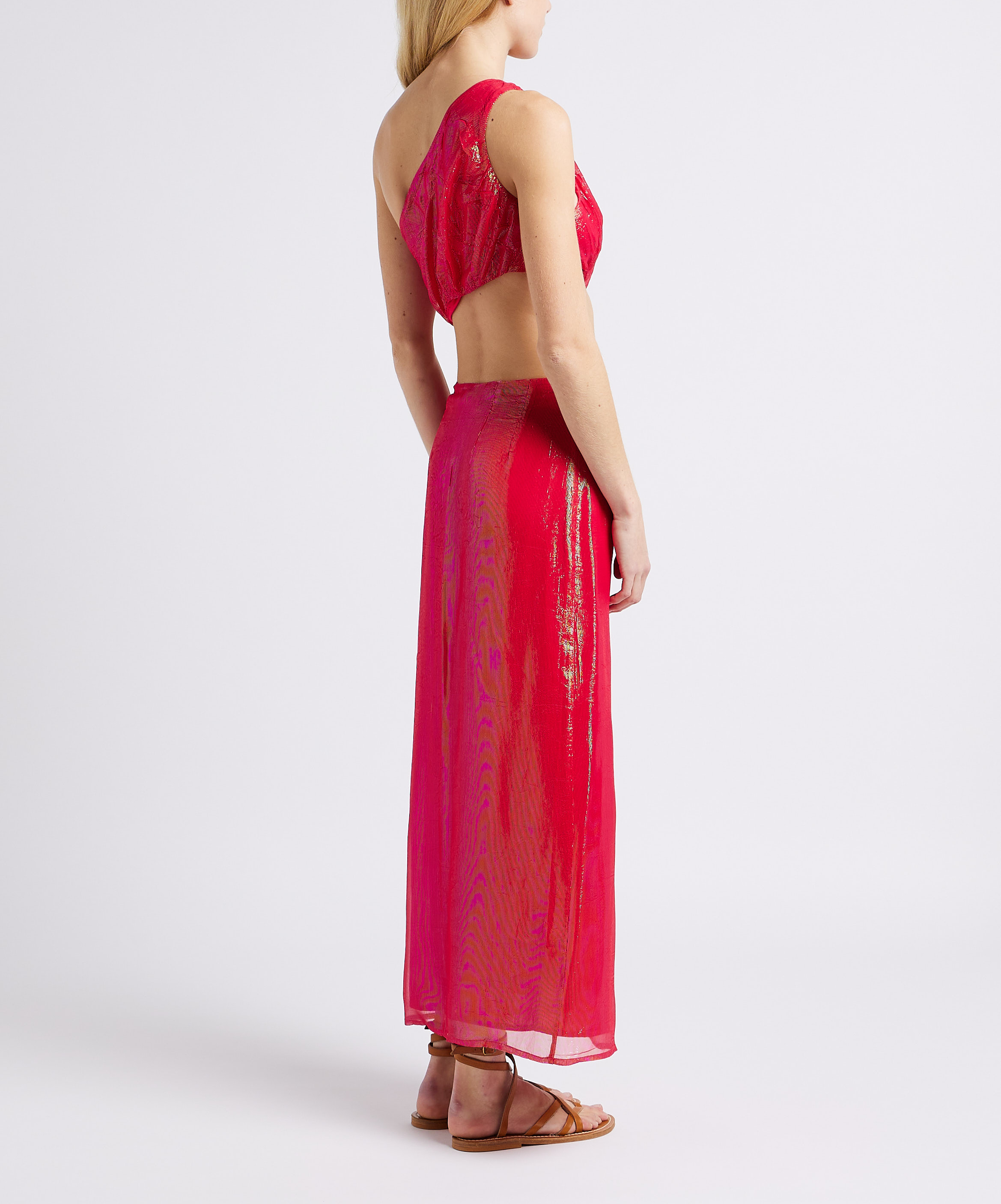 Long metallic asymmetric dress SUNDRESS Red