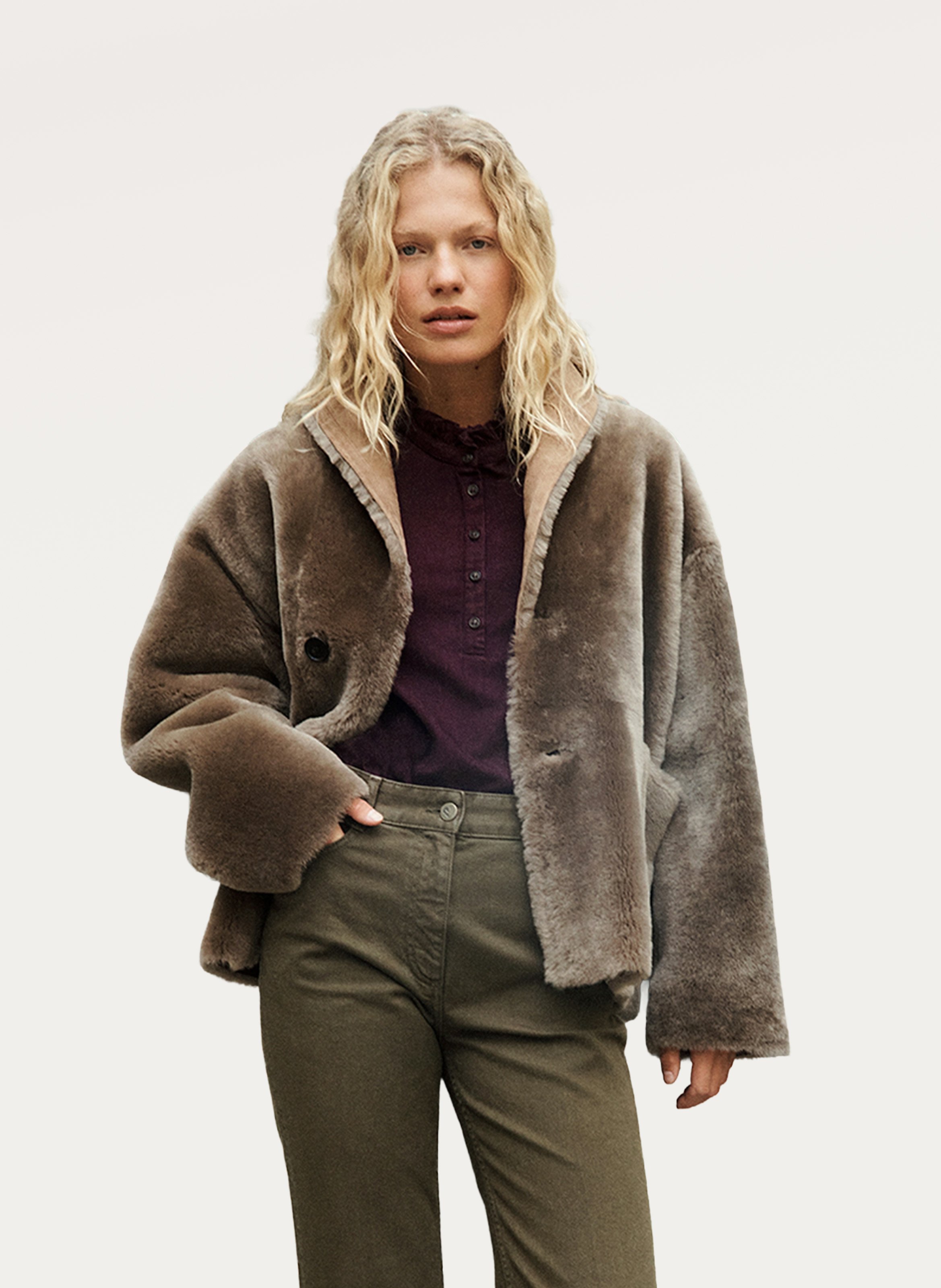 Manteau col châle en peau lainée PABLO Marron
