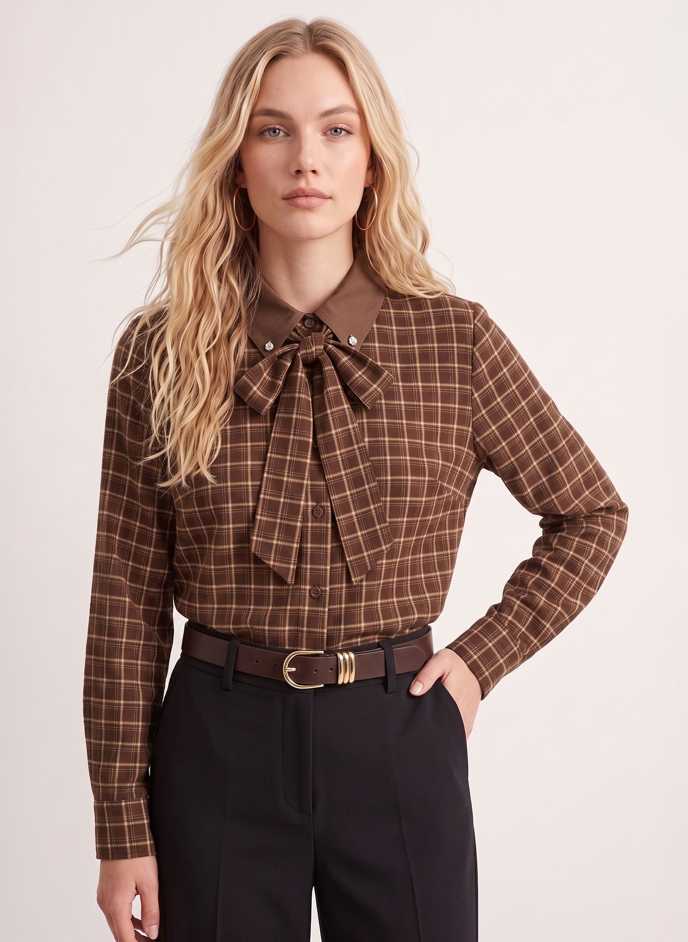 Loose-fit checked blouse with a pussy-bow neckline KOOKAI Brown