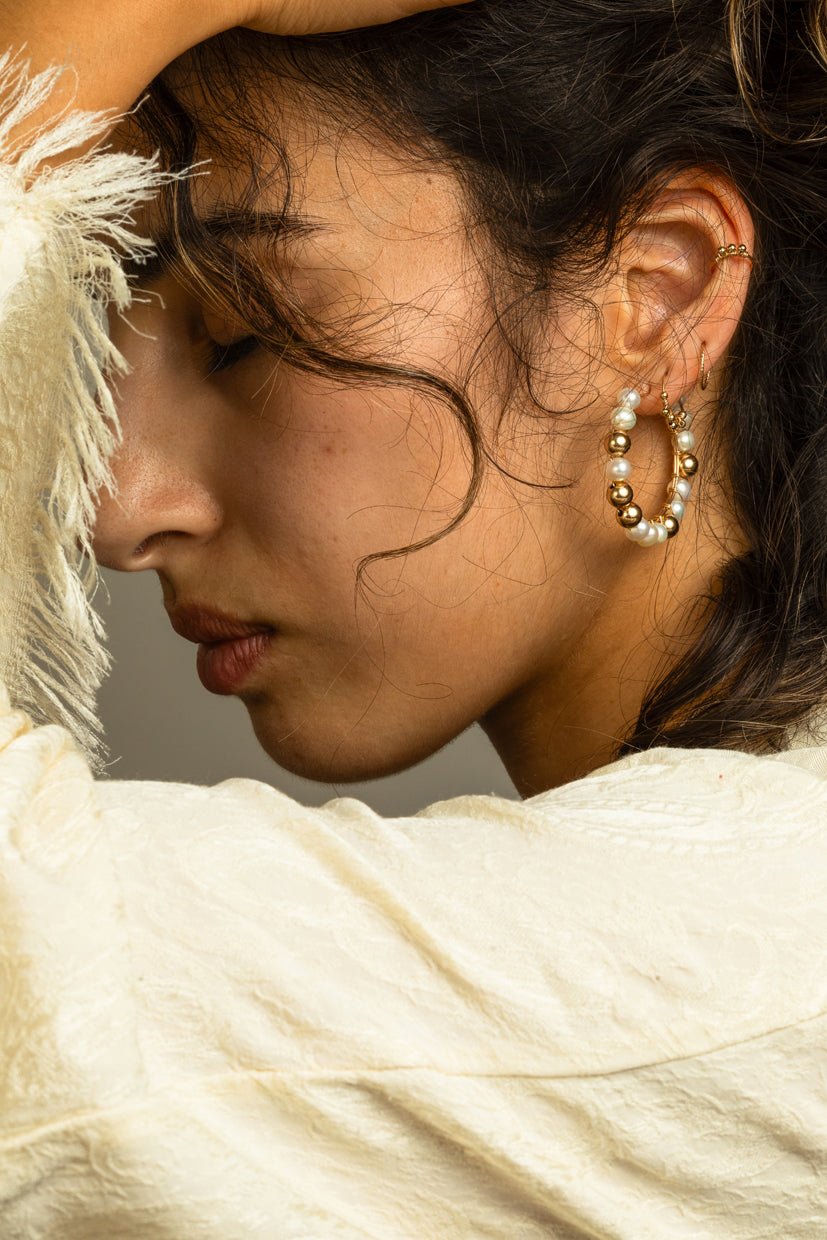 Large Alba hoop earrings - gold with cultured pearl YAY White