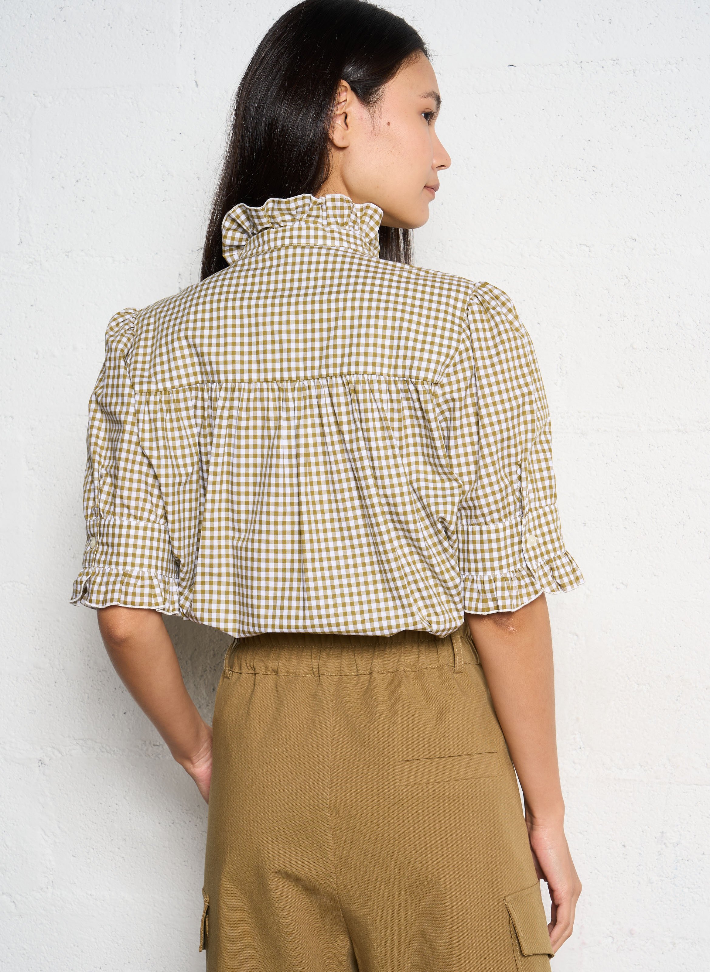 Geruite katoenen popeline top met rechte pasvorm SUZIE WINKLE Kaki