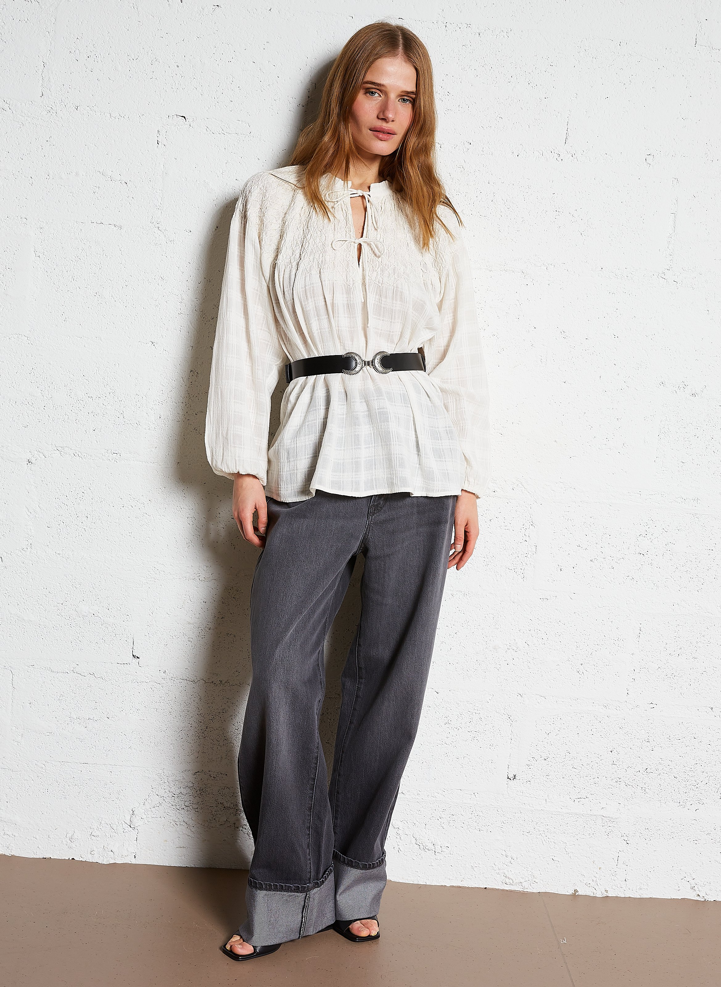 Embroidered blouse with a tie at the neck LOUISE MISHA Beige