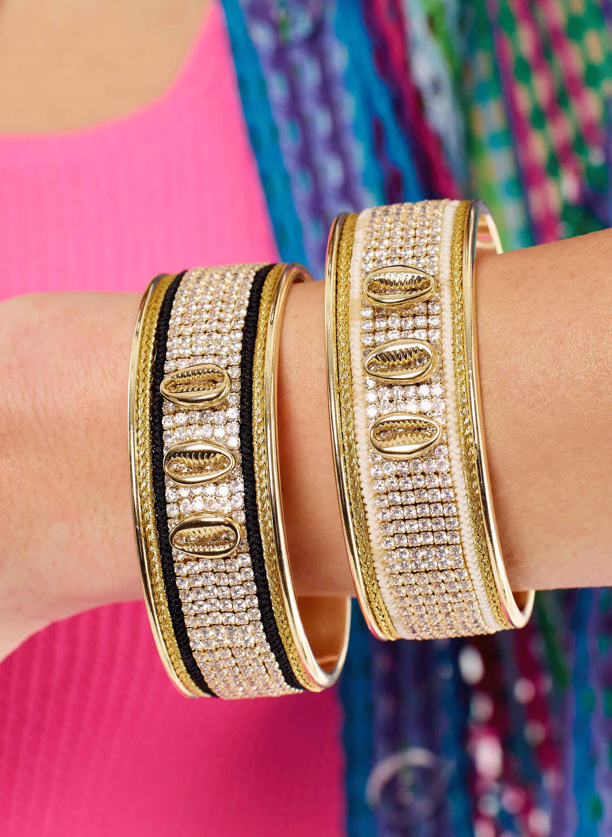 Adjustable bangle bracelet with seashells and rhinestones HIPANEMA Black