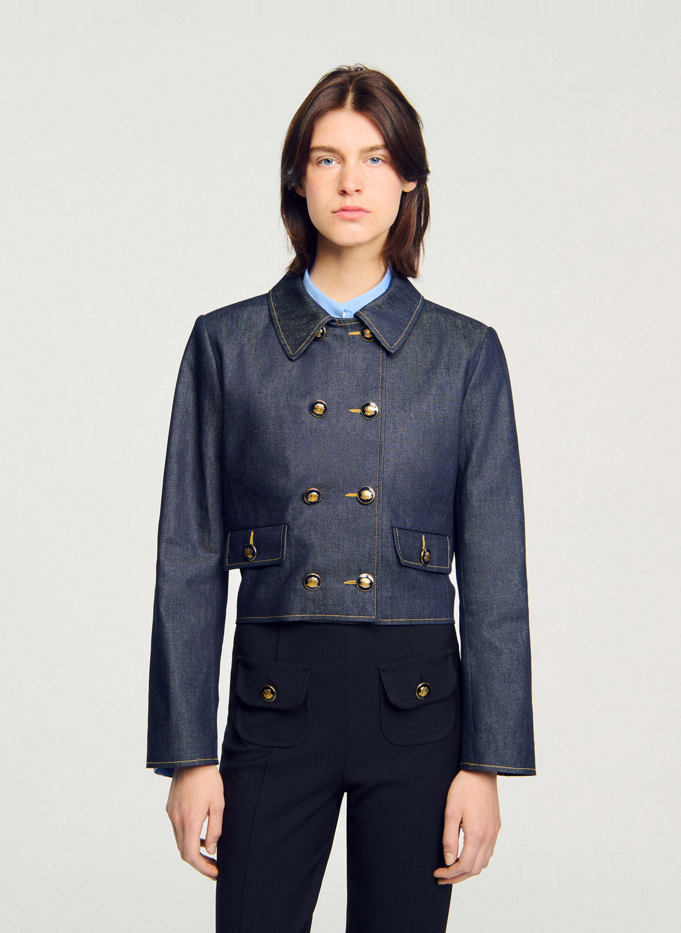 Veste courte col classique en denim SANDRO Bleu