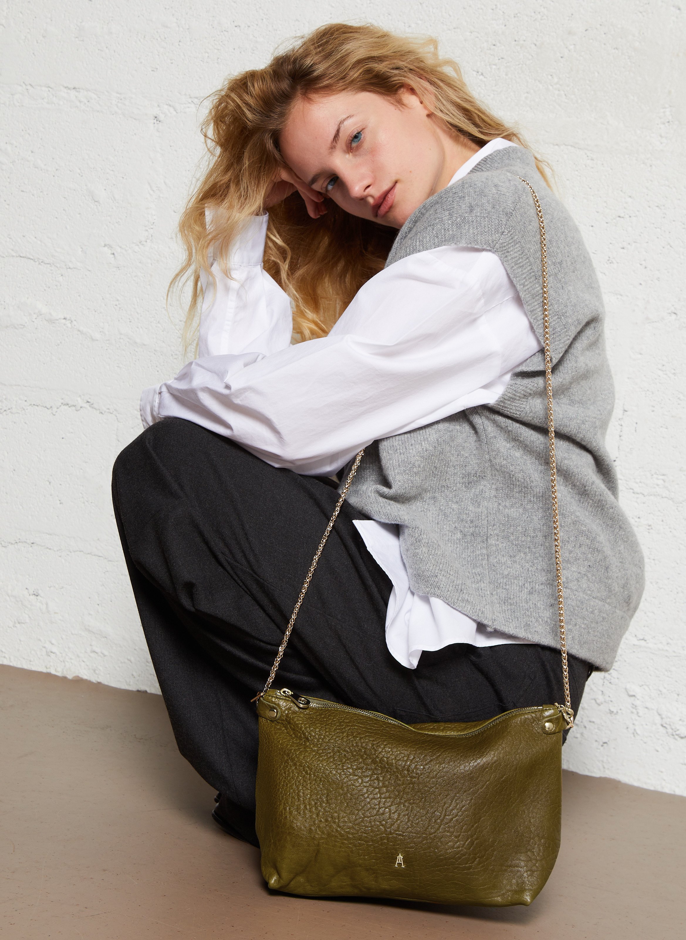 Sac porté épaule en cuir d'agneau CRAIE STUDIO Kaki