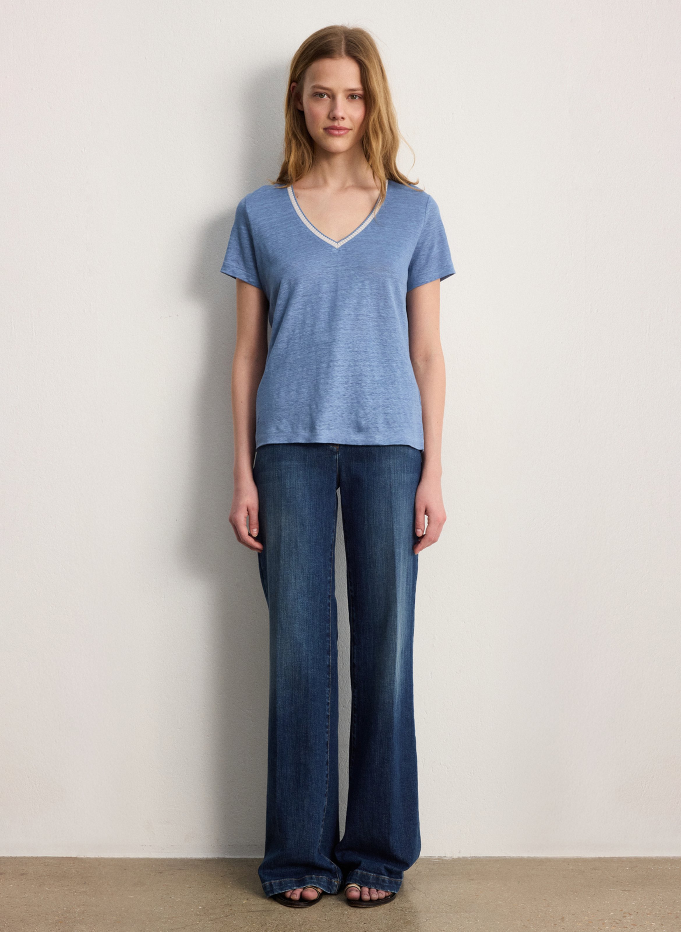 Tee-shirt droit col V en lin PABLO Bleu