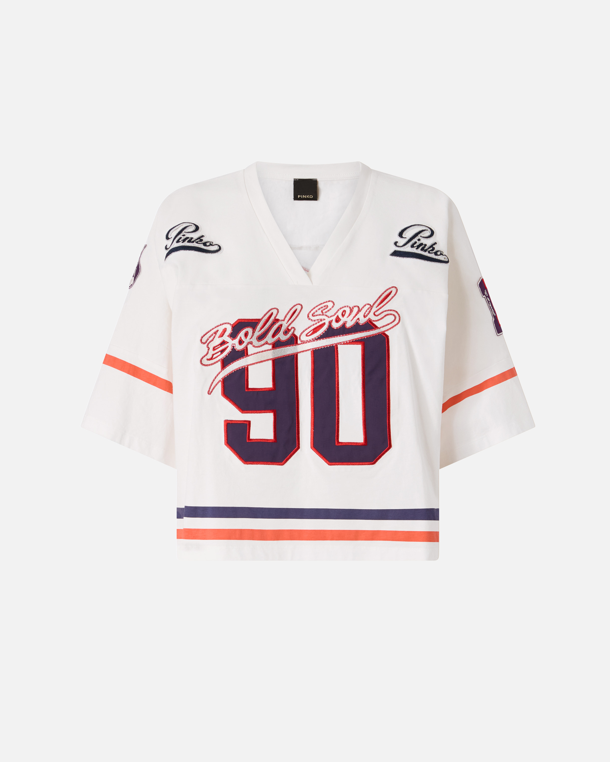 V-neck crop T-shirt with logo patch design PINKO White