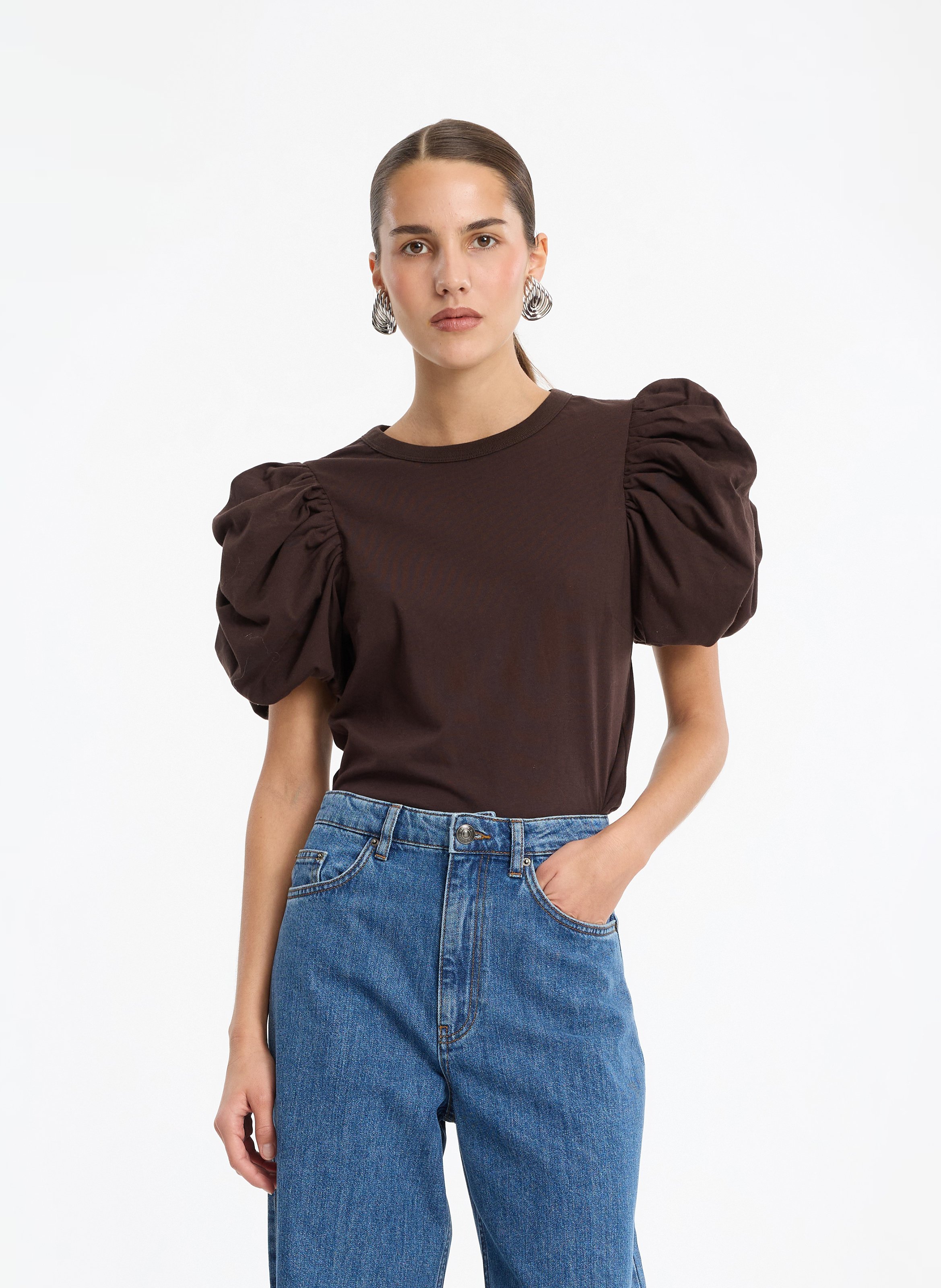 Tee-shirt manches bouffantes uni ROTATE Marron
