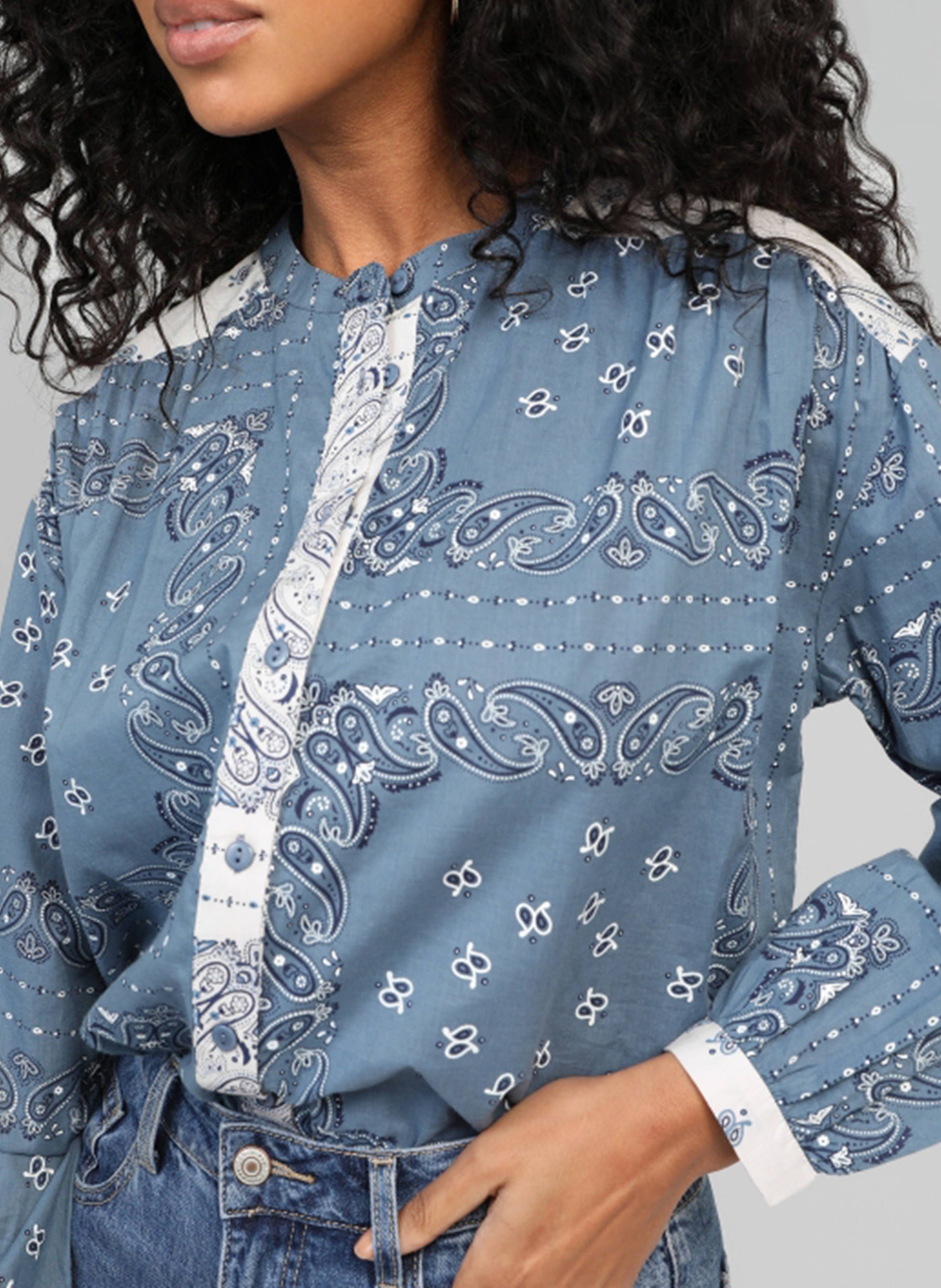 Baumwollbluse mit Rundhalsausschnitt und Print AN'GE Blau