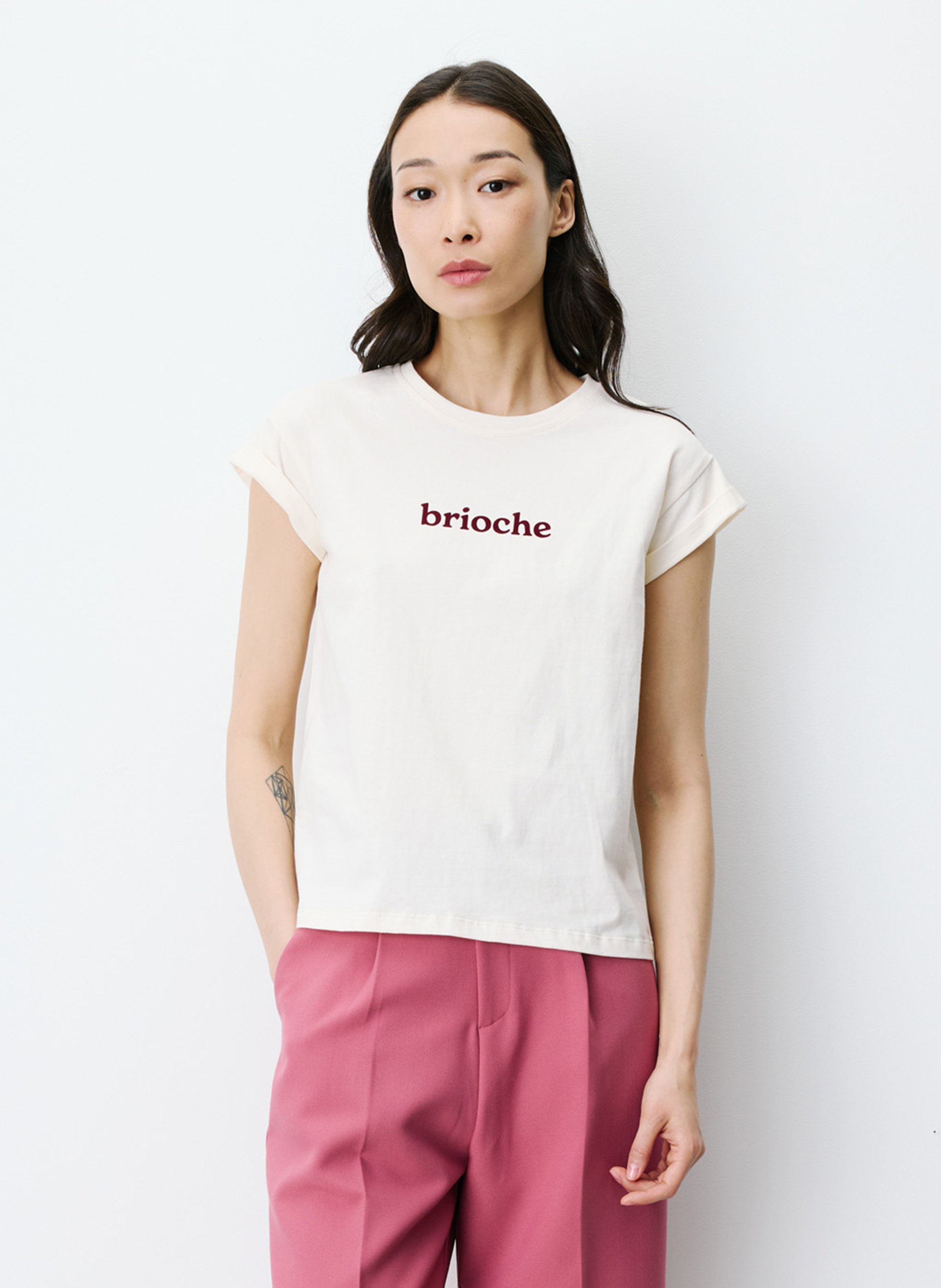 Teeèshirt droit col rond en ccoton sérigraphié GRACE ET MILA Beige