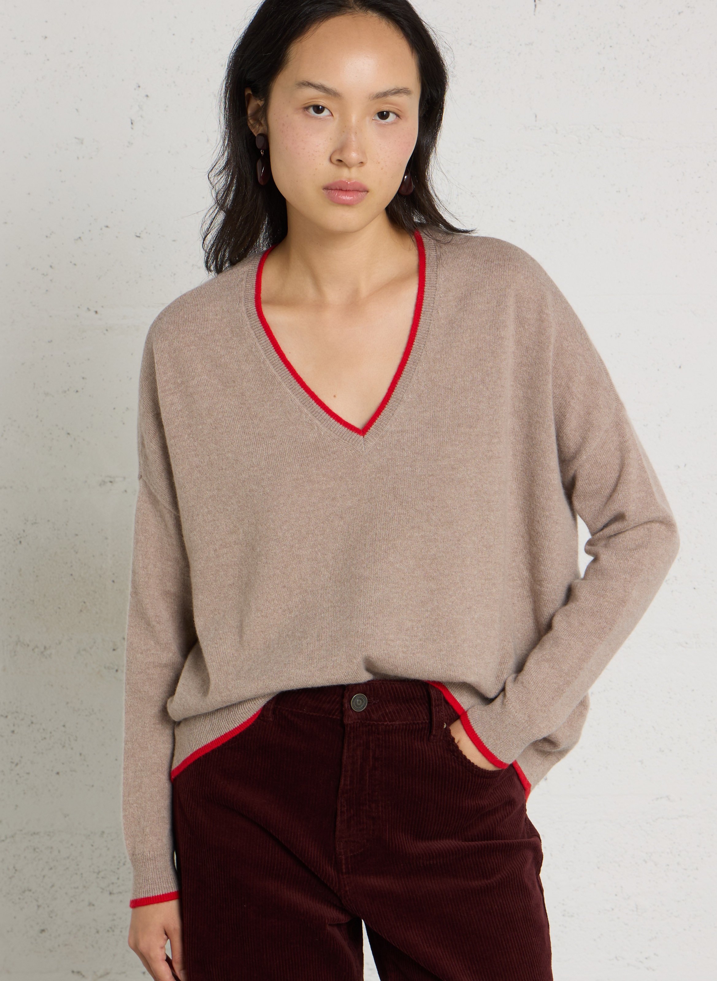 Pull ample col V en cachemire SUD EXPRESS Beige