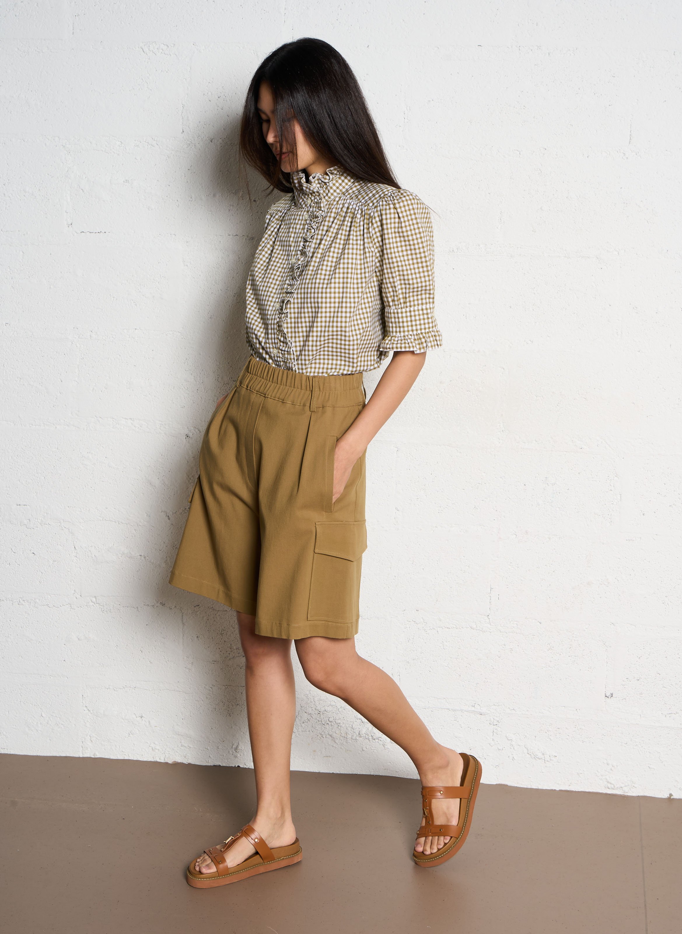 Geruite katoenen popeline top met rechte pasvorm SUZIE WINKLE Kaki