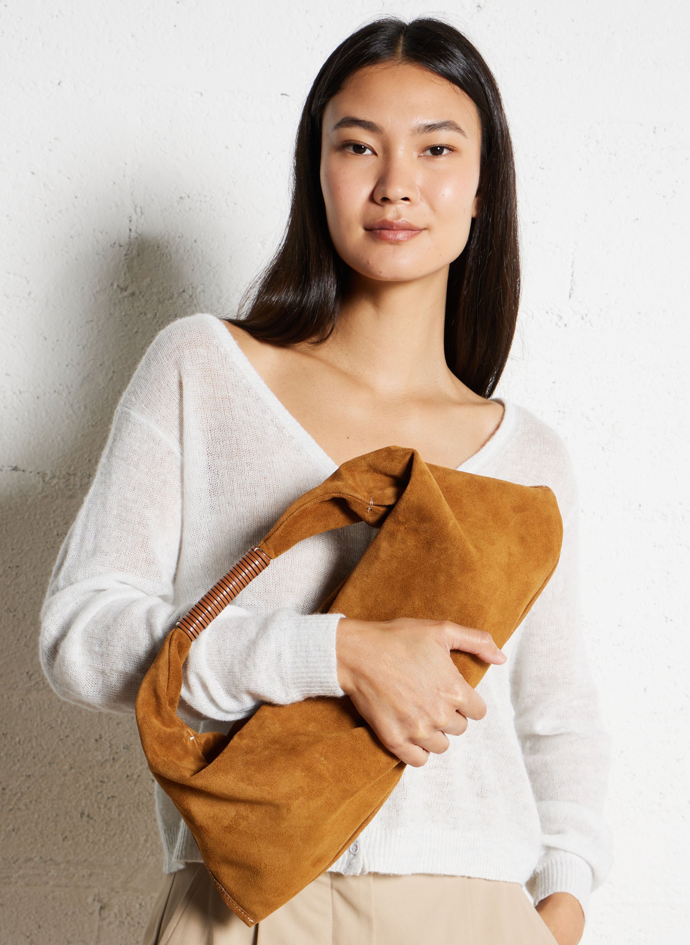 Velvet leather handbag STAUD Brown