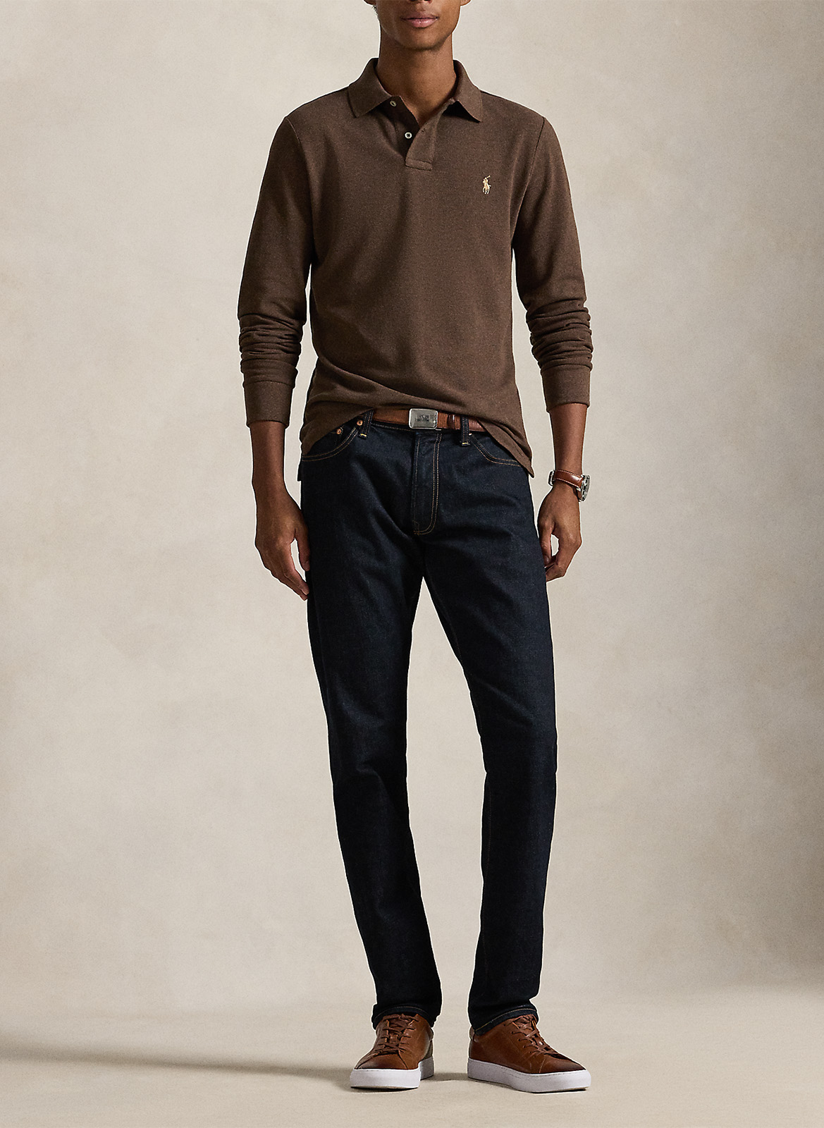 Regular-fit cotton piqué polo shirt with long sleeves POLO RALPH LAUREN Brown