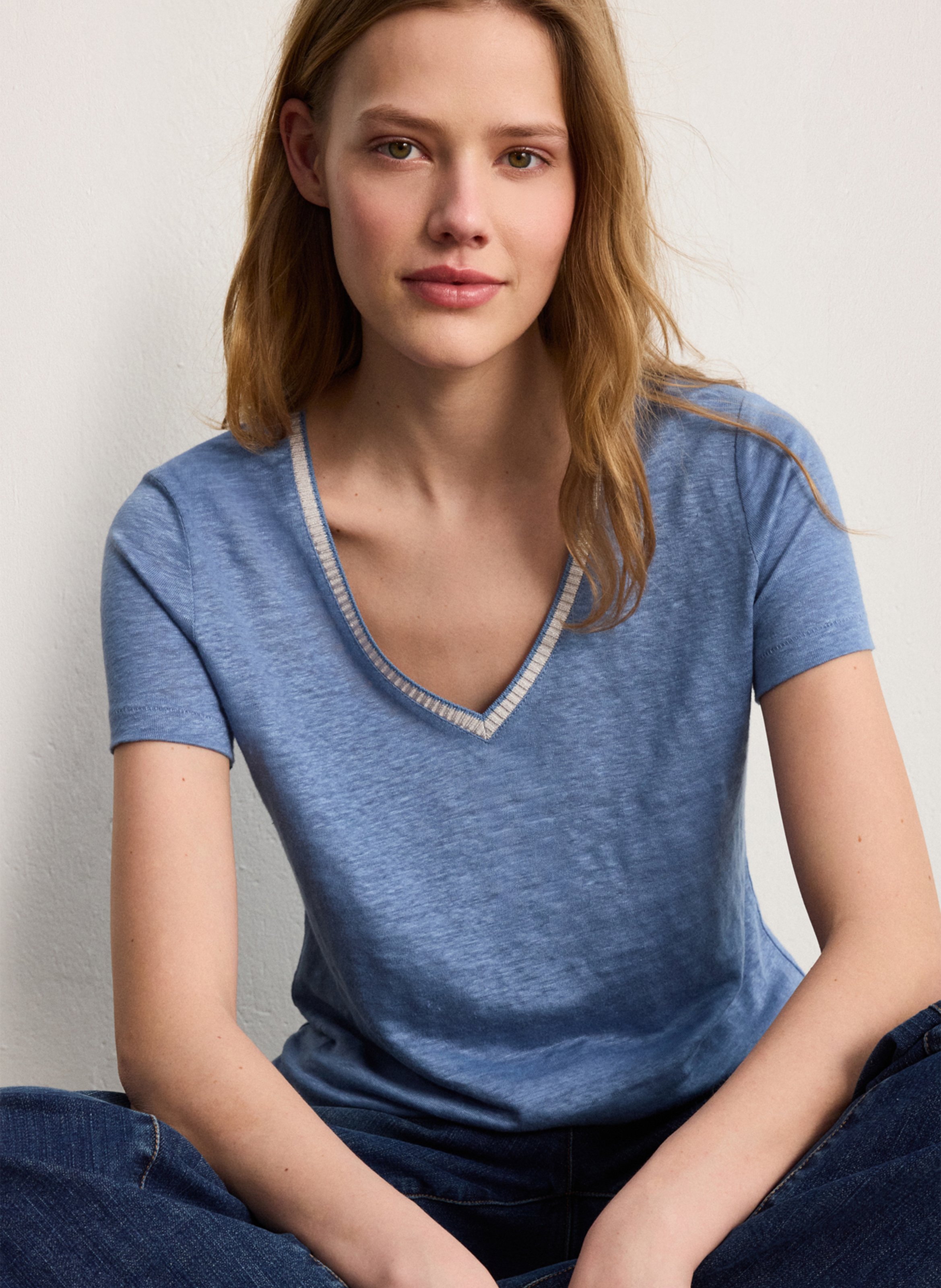 Tee-shirt droit col V en lin PABLO Bleu