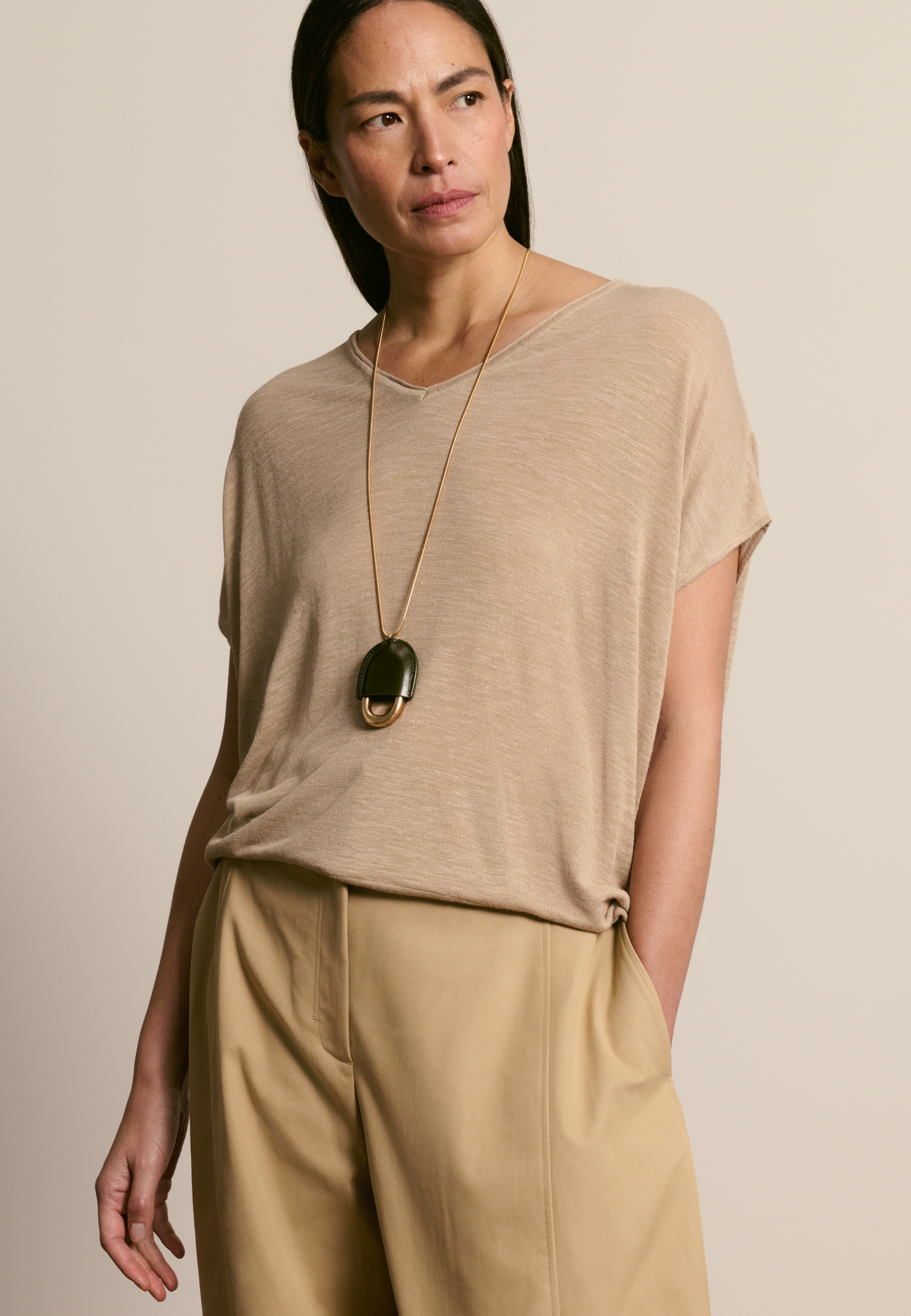 T-shirt col v en lin flammé MAISON MONTAGUT Marron