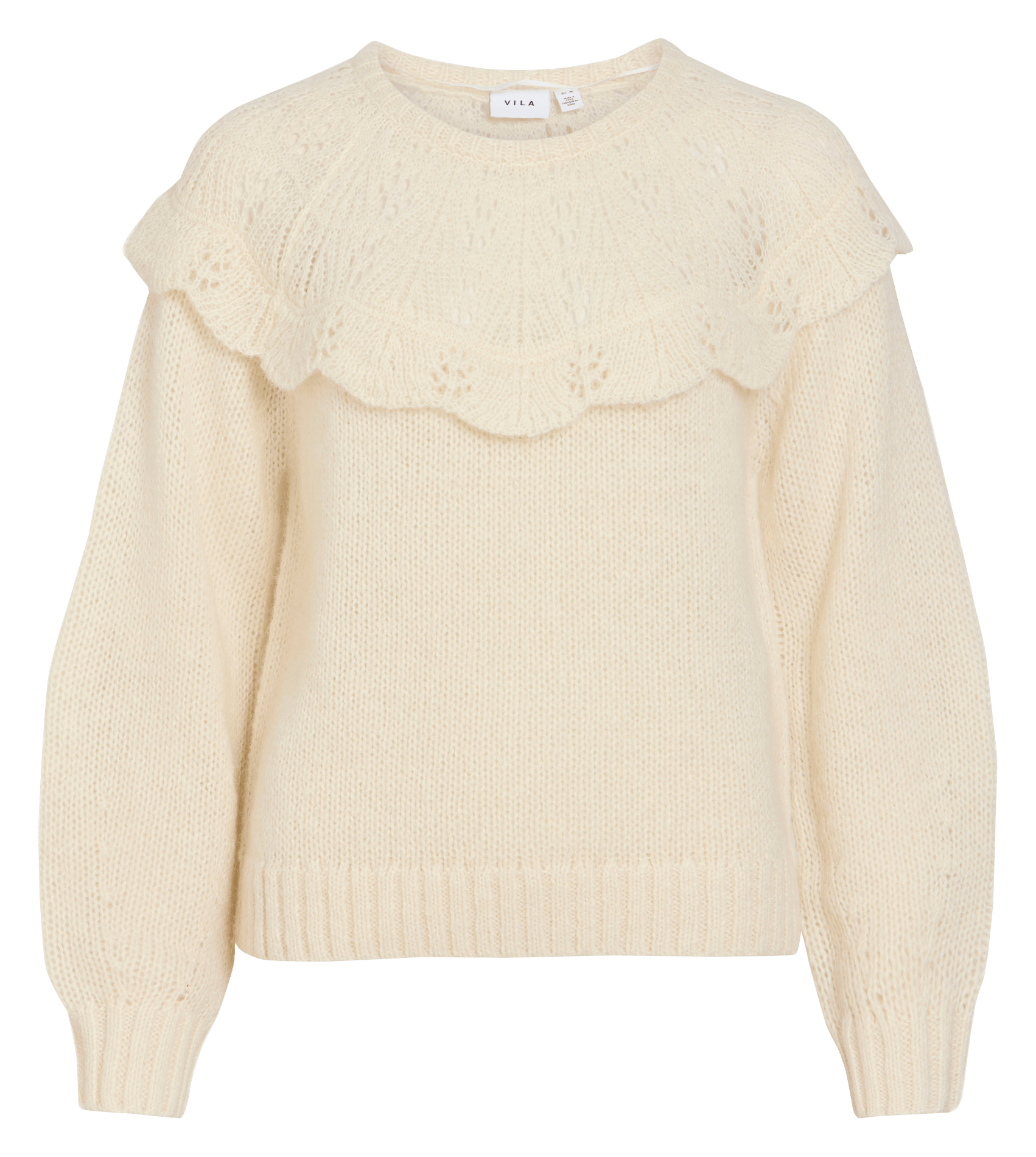 Pull col rond droit uni à volants VILA Beige